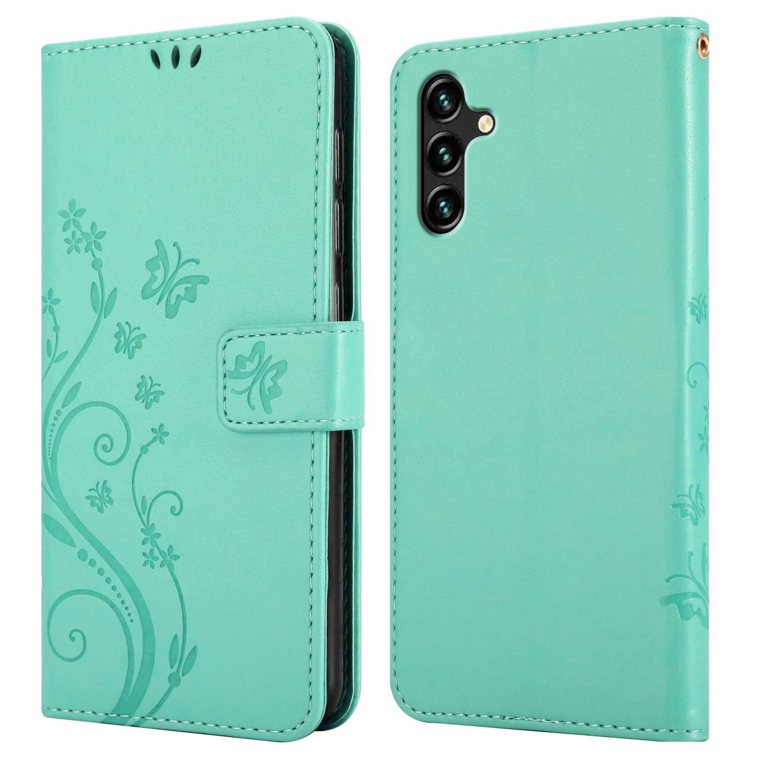 Coque de téléphone vert menthe avec motif floral et papillons.