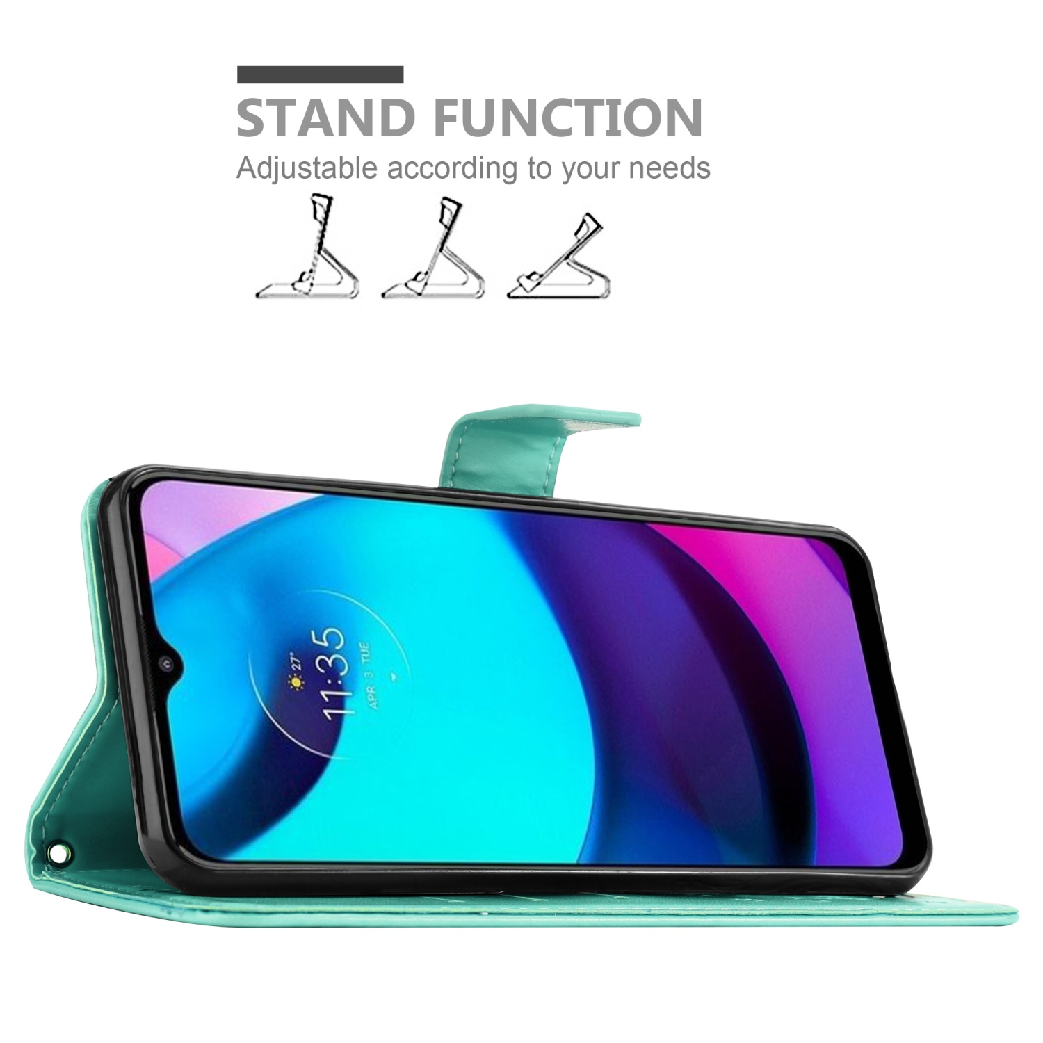 Custodia per telefono turchese su un telefono, con lo schermo che mostra uno sfondo colorato e testo sopra.