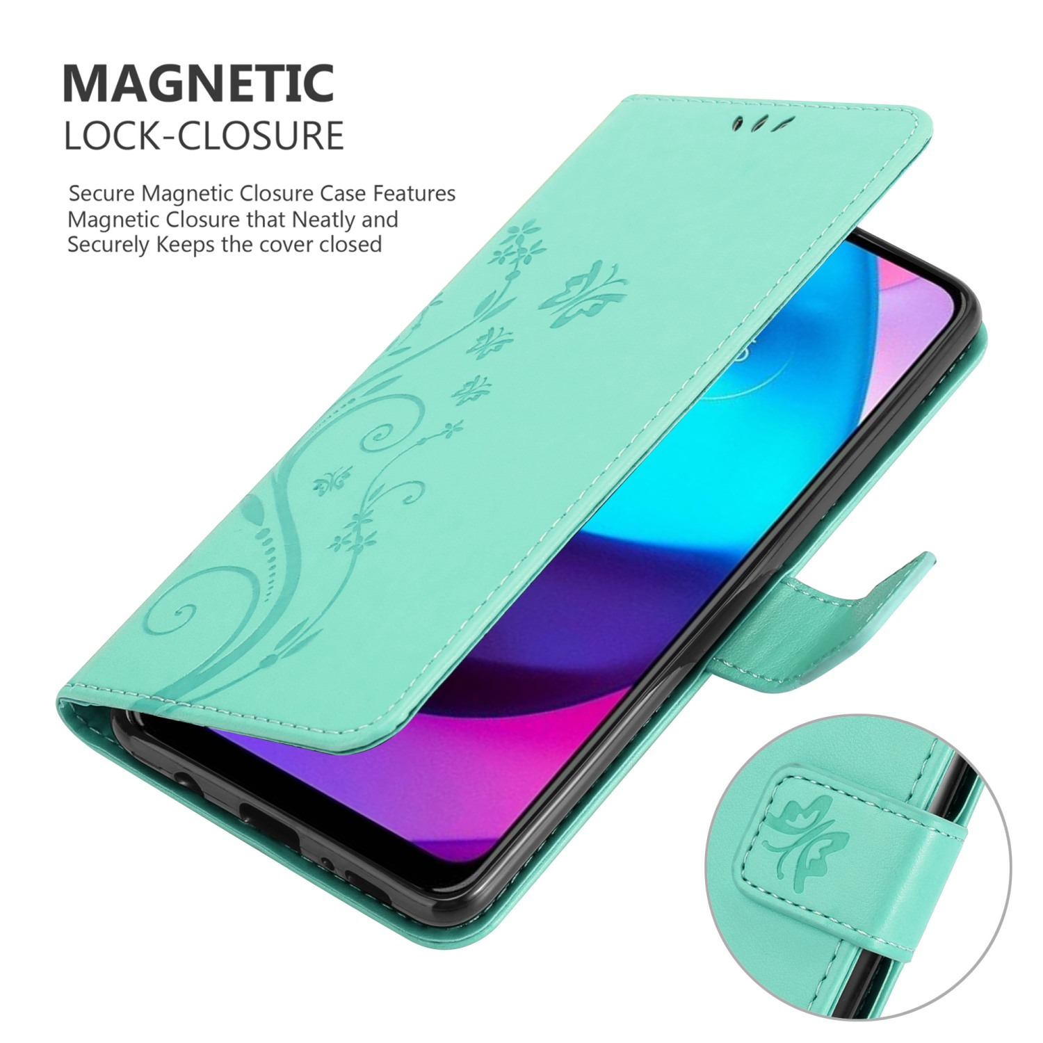 Una custodia turchese aperta con un telefono dentro. La cover ha un design floreale.