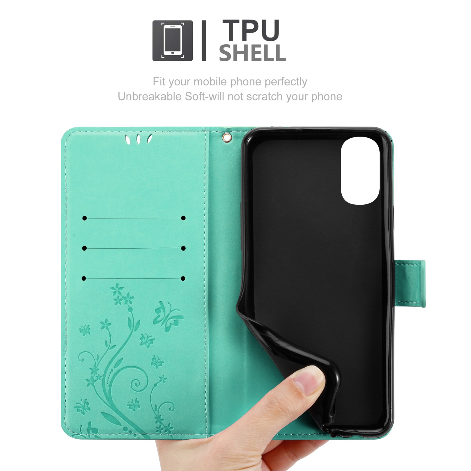 Una mano tiene un telefono, mostrando l'interno di una custodia verde con design floreale e fessure per carte.