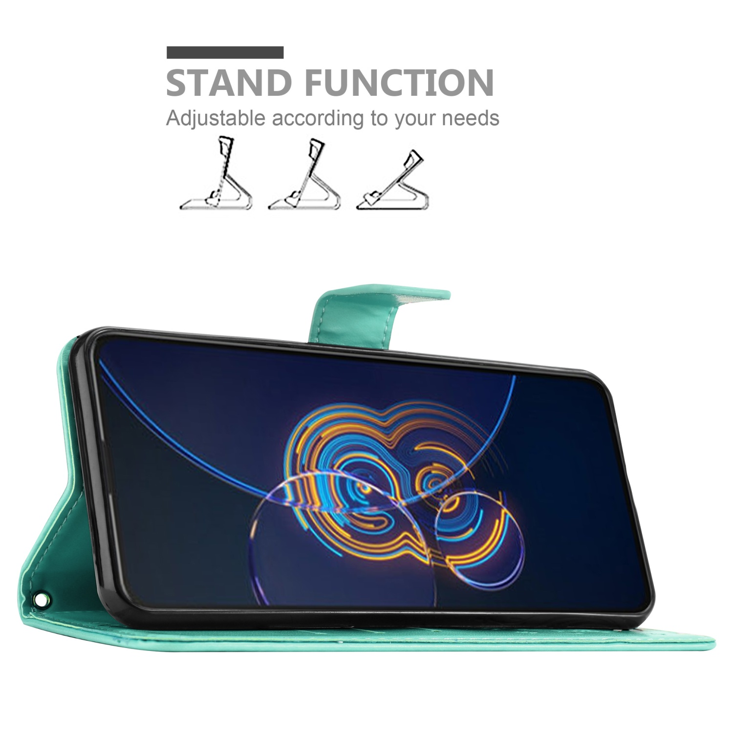 Una custodia per telefono verde acqua con un telefono che mostra uno schermo colorato e diagrammi. Funzione stand.