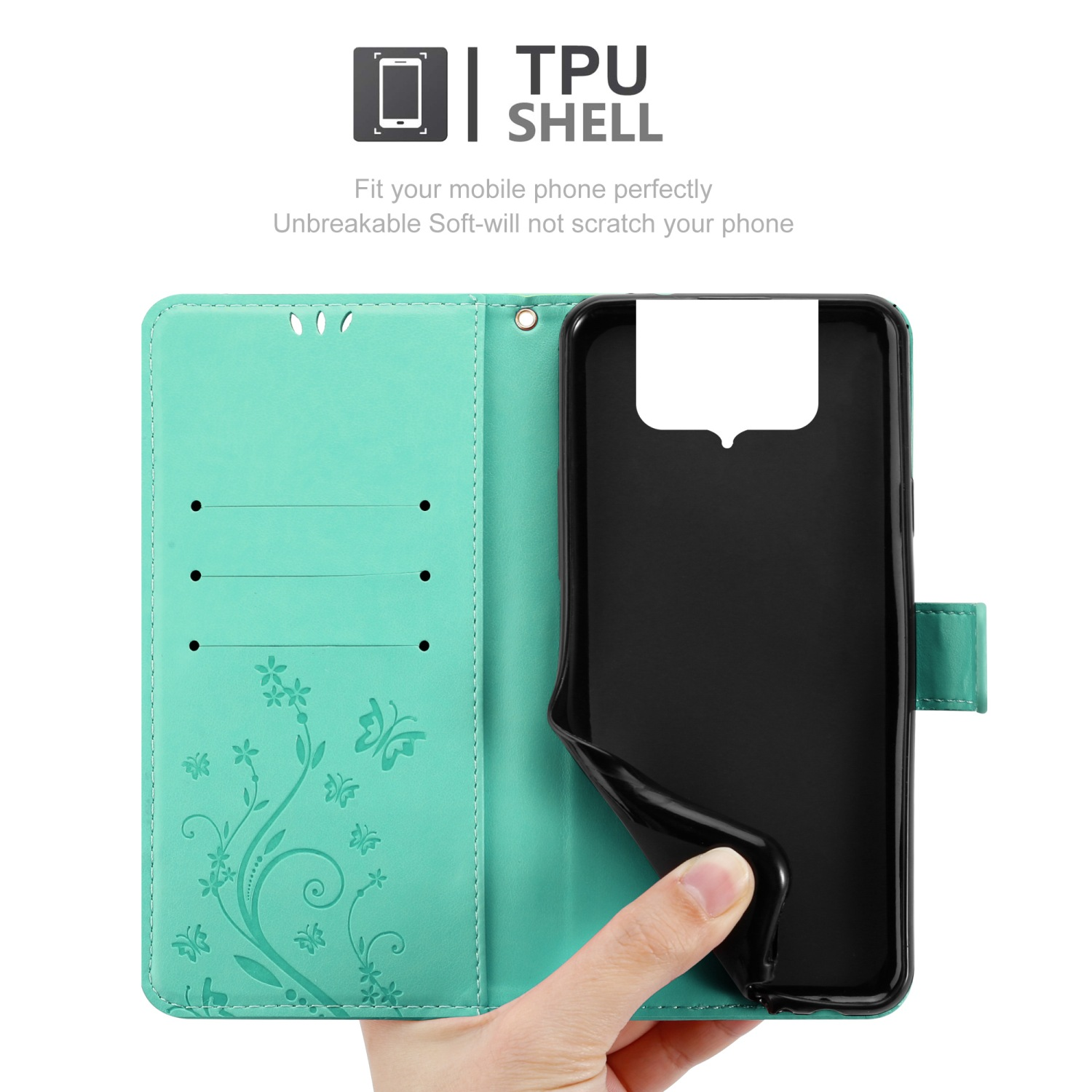 Custodia verde acqua, telefono all'interno, parte della mano visibile. Testo: Guscio in TPU, si adatta perfettamente.