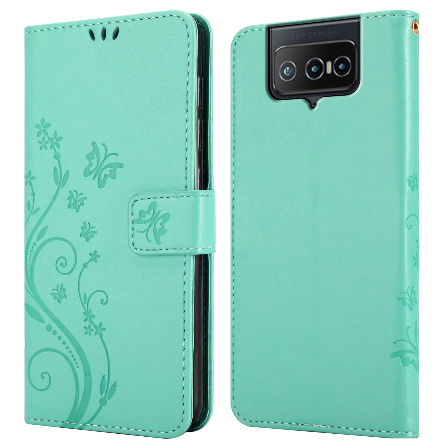 Custodia per telefono color verde acqua. Presenta un motivo a farfalle sul davanti e un ritaglio per la fotocamera sul retro.