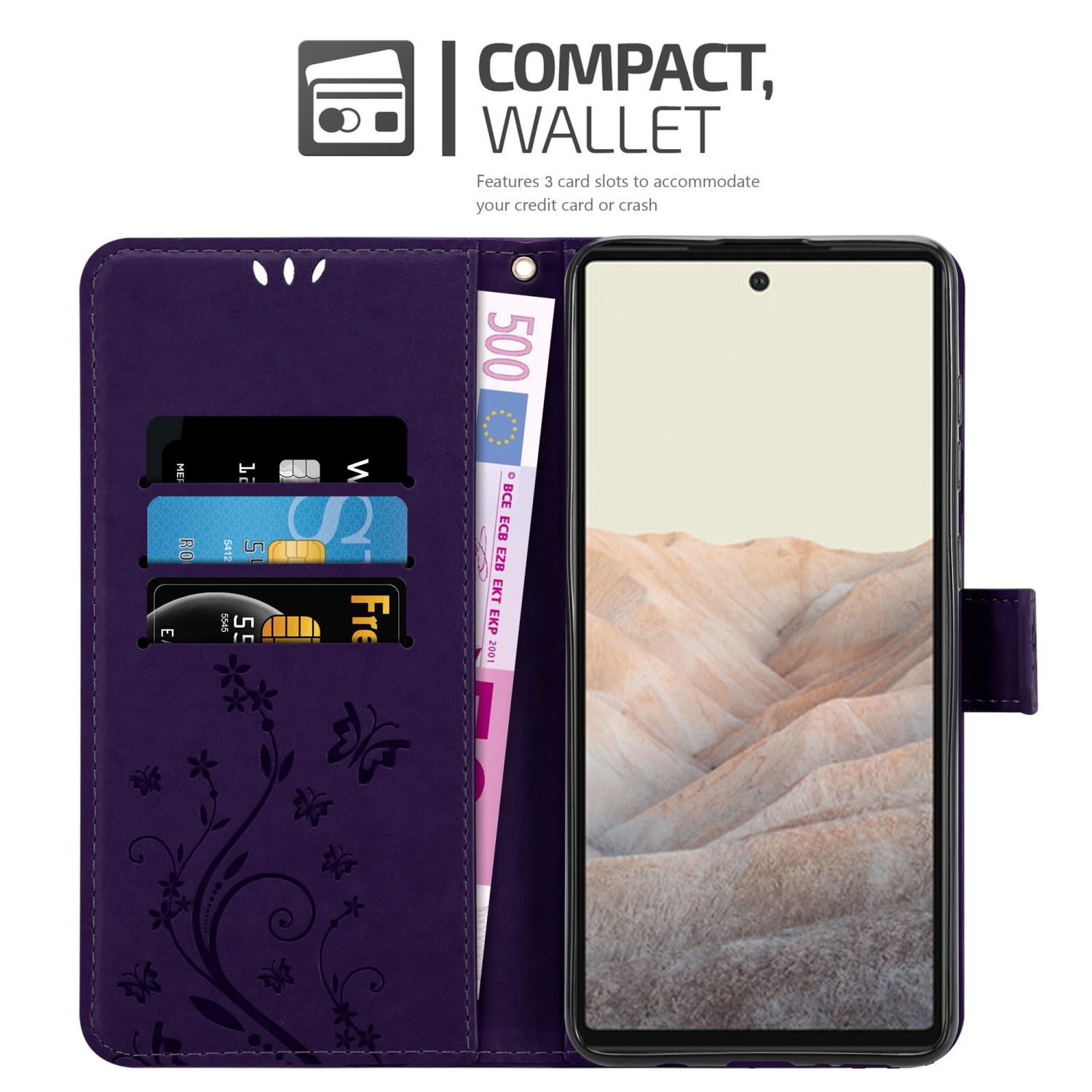 Custodia per telefono viola aperta, che mostra telefono, carte e denaro. Design floreale, con uno sfondo viola.