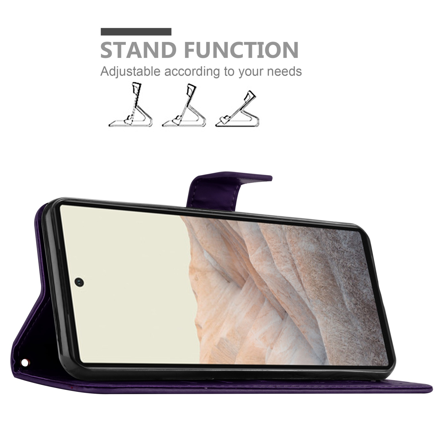 Custodia viola con telefono. Schermo visibile. Funzione stand con tre posizioni.