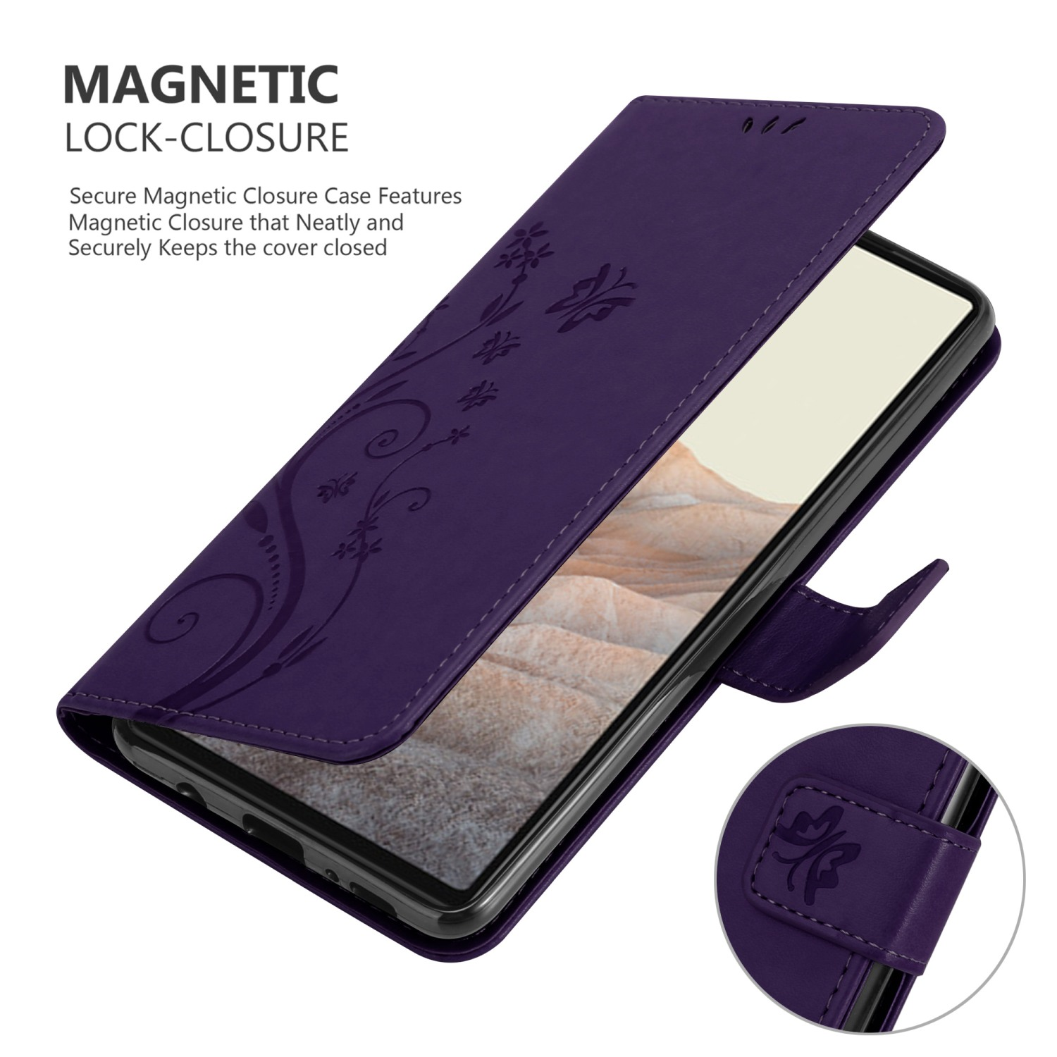 Una custodia per telefono viola aperta con un telefono all'interno. Ha un design floreale e una chiusura magnetica.