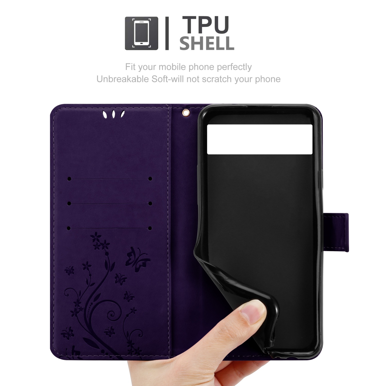 Custodia per telefono viola con design floreale, aperta che mostra un telefono nero. Mano che tiene la custodia.