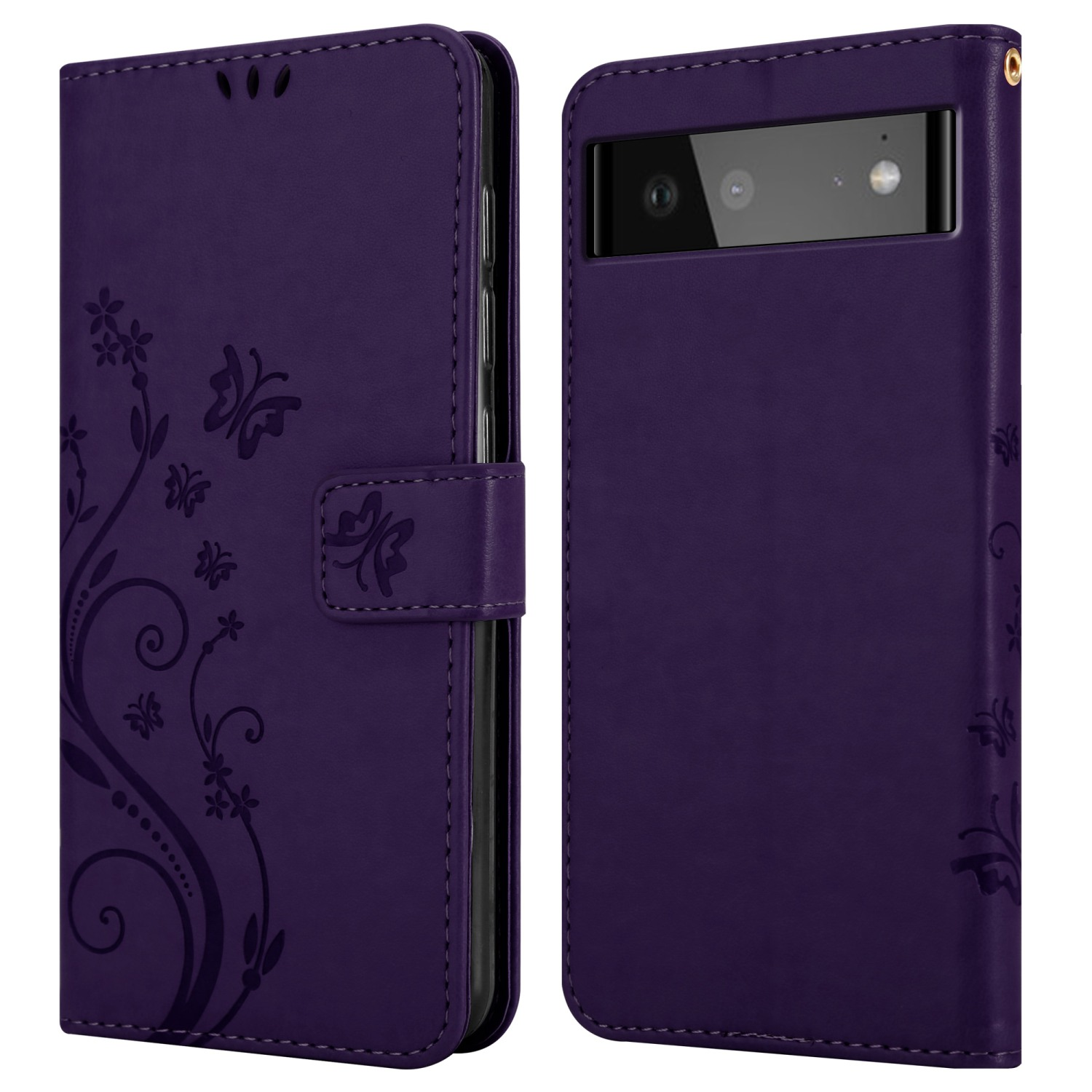 Custodia per telefono viola aperta, che mostra la parte anteriore e posteriore. Design floreale sul davanti, viste chiusa e aperta.