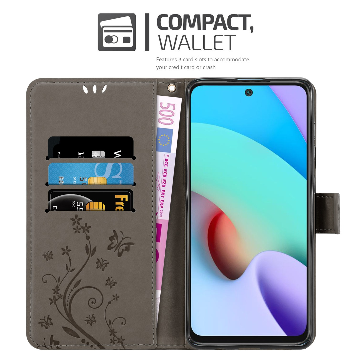 Custodia per telefono grigia con carte e denaro all'interno. Il telefono è a destra. La custodia ha un design a portafoglio compatto.