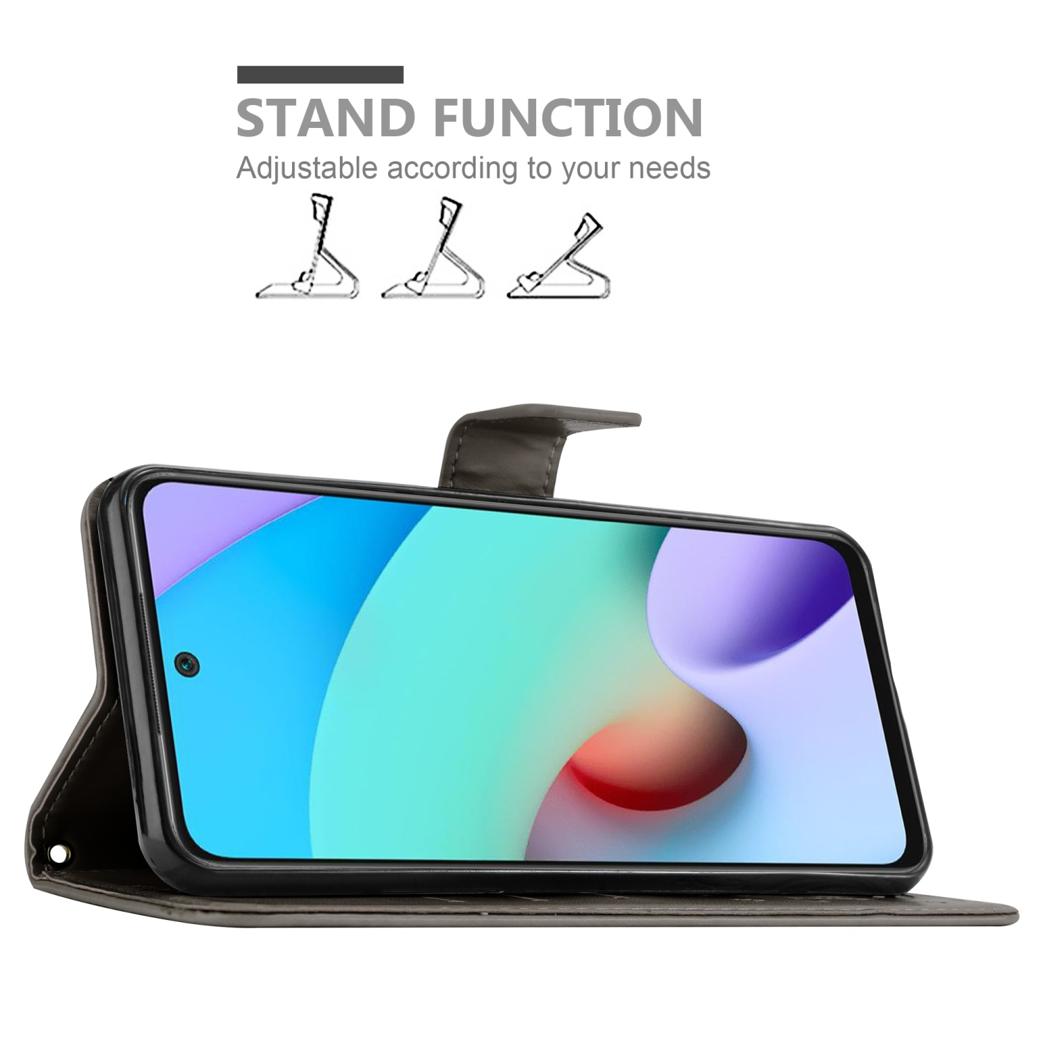 Telefono in una custodia, con funzione stand. Mostrate più posizioni.