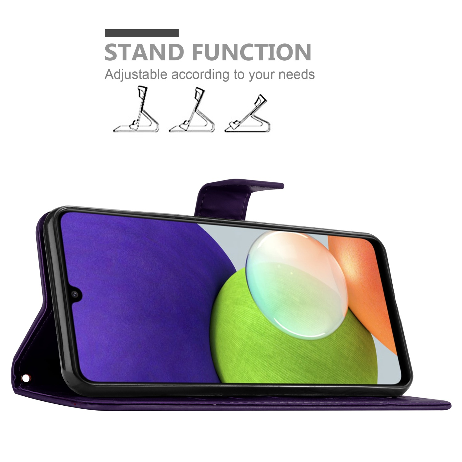 Custodia a portafoglio viola con telefono sollevato. Funzione stand mostrata con tre icone.