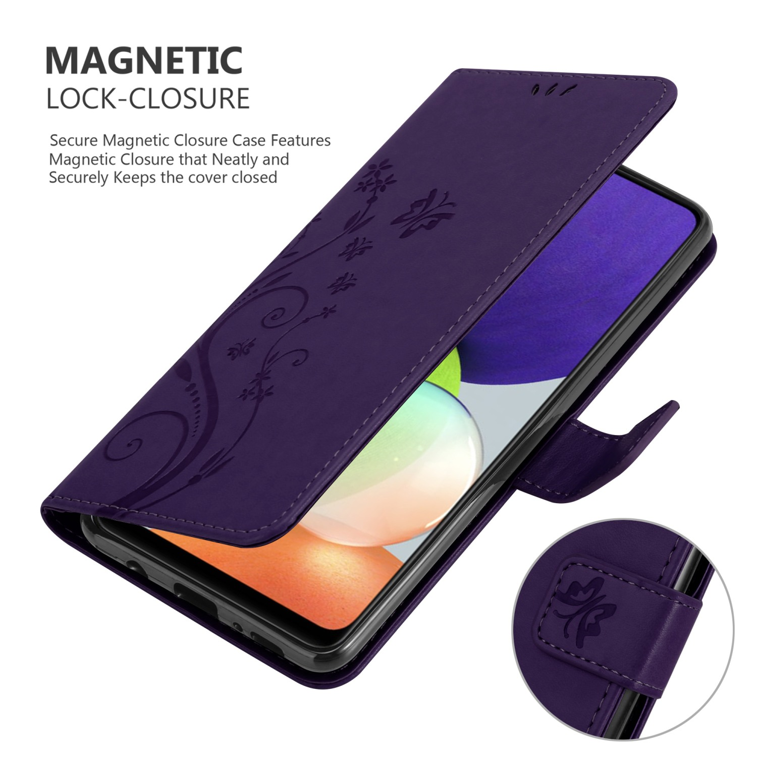 Custodia viola con design floreale, chiusura magnetica, telefono all'interno.
