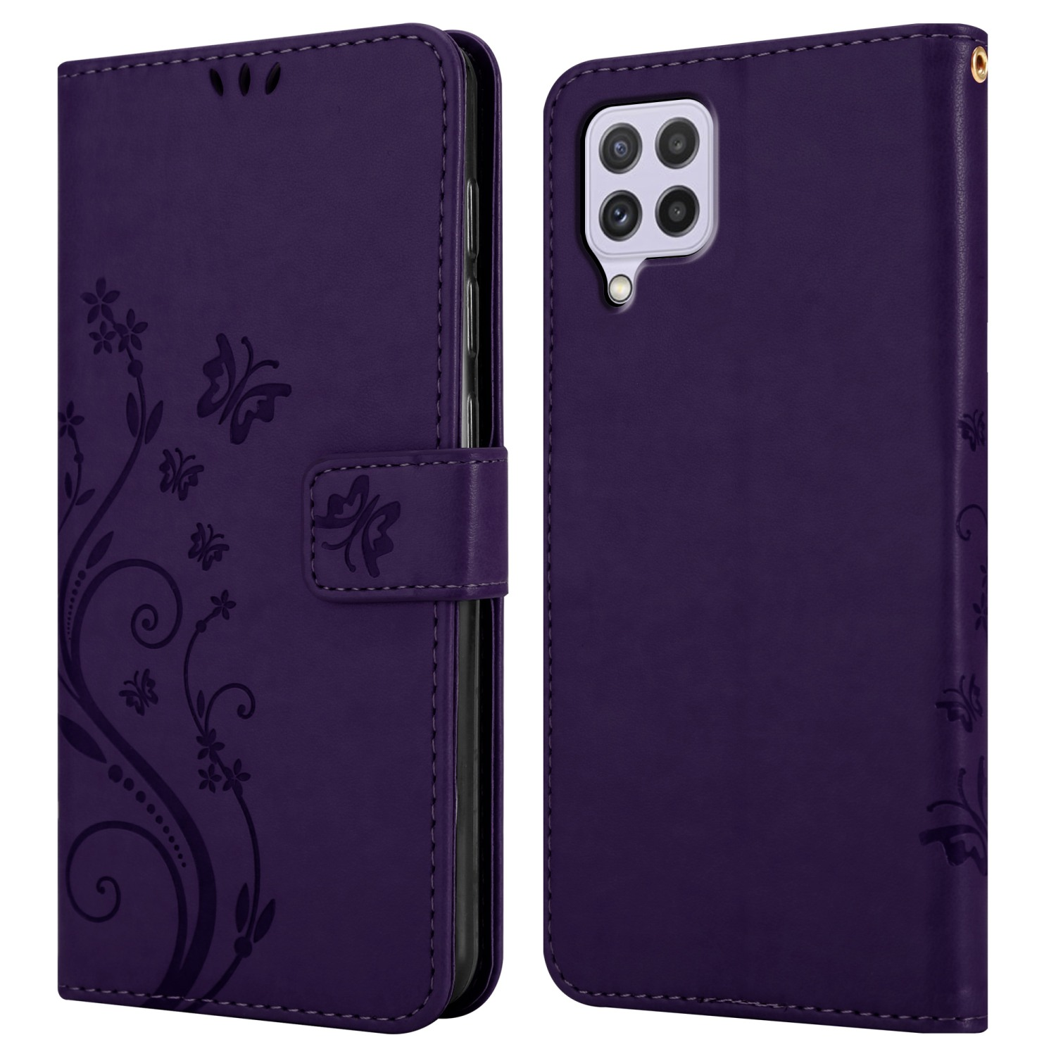Custodia per telefono viola, chiusa, con design floreale. Aperta, mostrando telefono e fessure per carte.