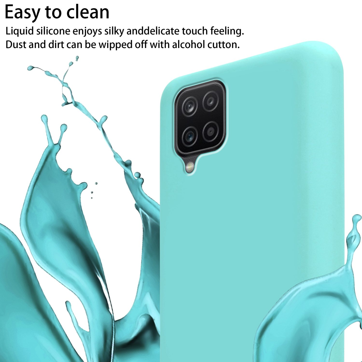 Primo piano di una custodia per telefono turchese con spruzzi d'acqua. Il testo dice 'Easy to clean'.