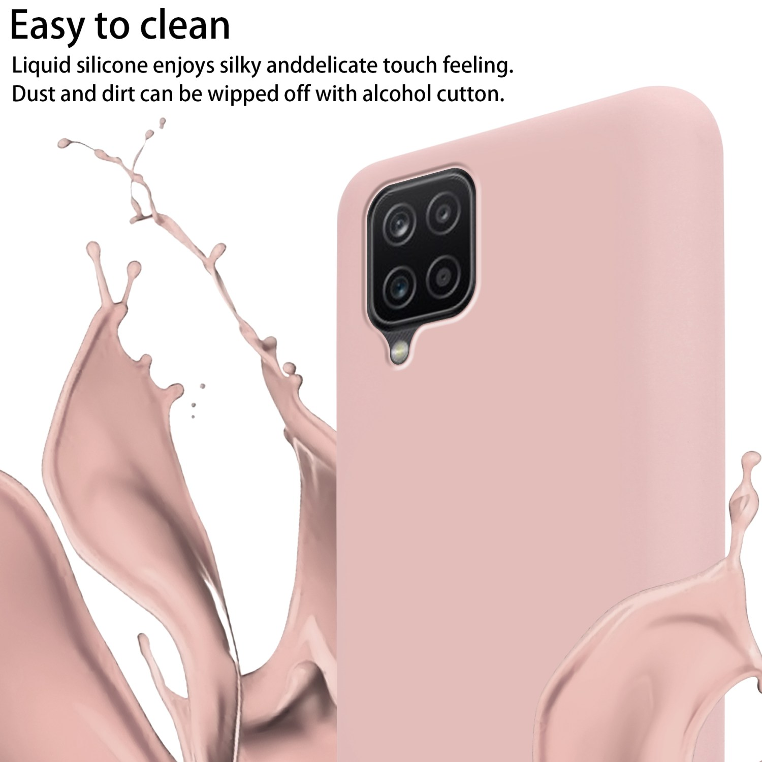 Una custodia per telefono rosa. Uno schizzo di liquido rosa nell'angolo in basso. Il retro del telefono è visibile.