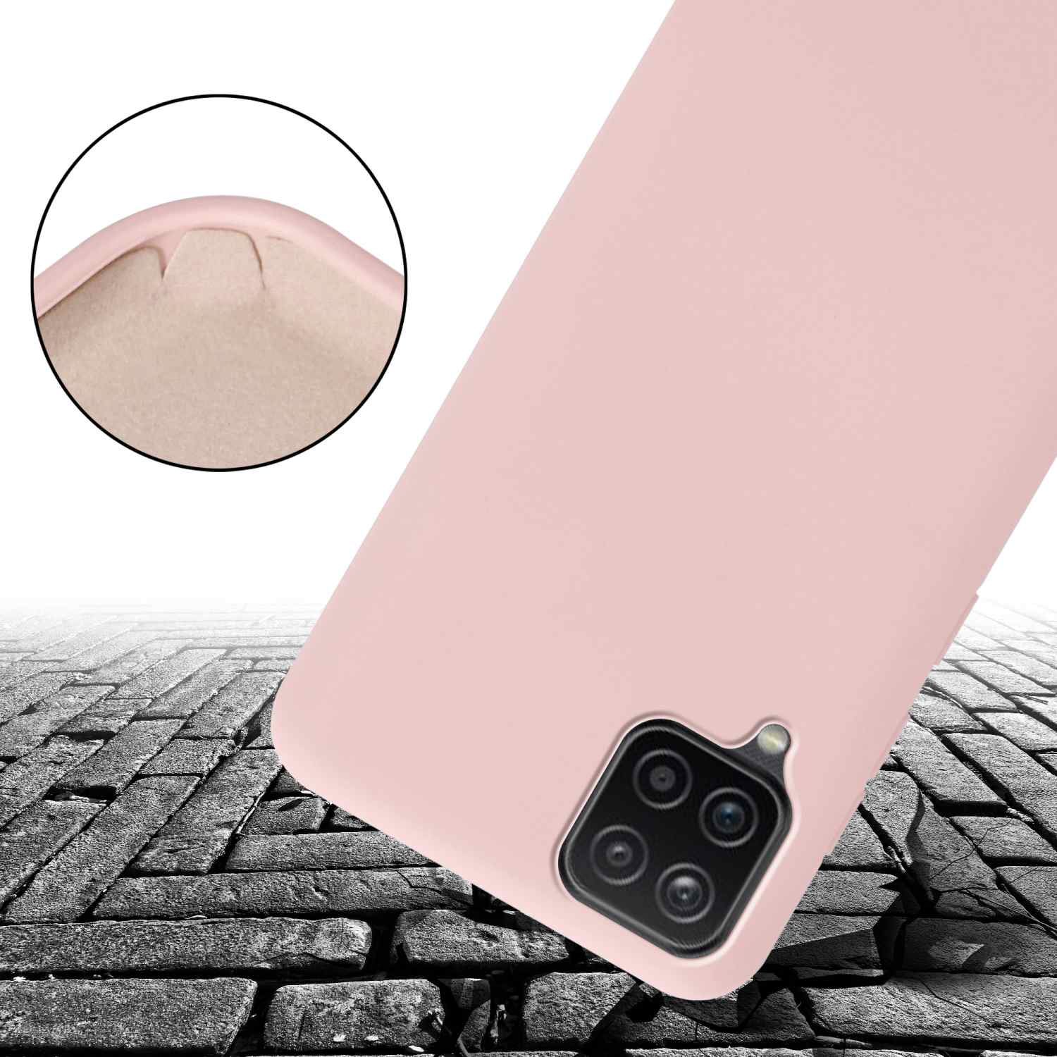 Custodia per telefono rosa su una superficie che sembra essere incrinata, mostrando il retro del telefono.