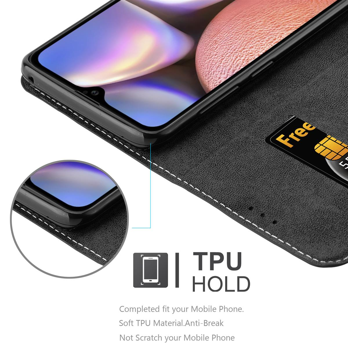 Telefono nero in custodia nera con cuciture bianche, carta di credito visibile. Testo: TPU HOLD. Materiale TPU morbido, anti-rottura.
