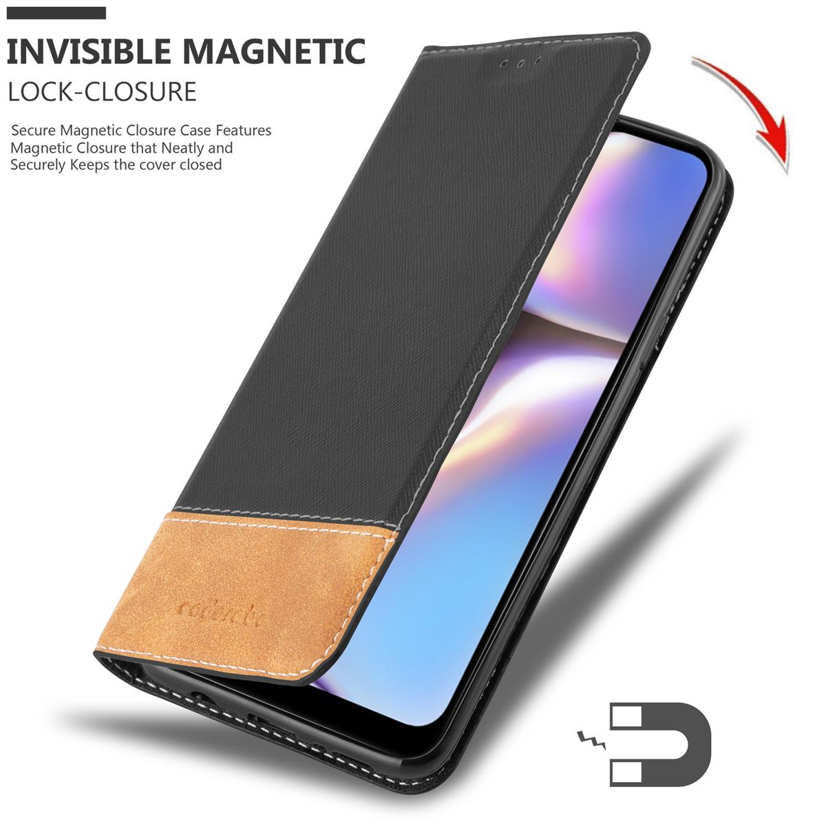 Una custodia per telefono con un telefono all'interno. La custodia è nera e marrone con chiusura magnetica. Testo: Invisible Magnetic.