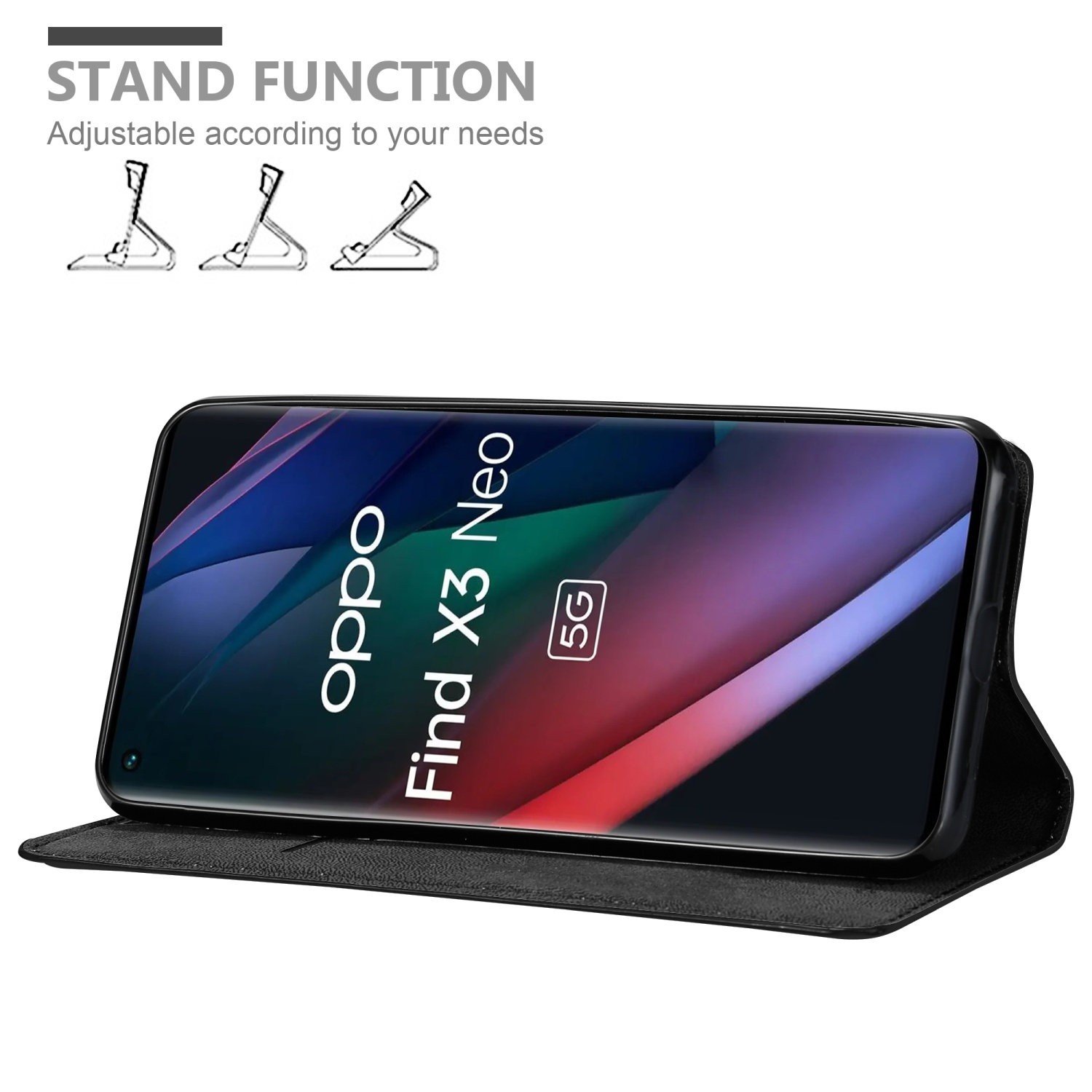 Un telefono in una custodia che si apre per stare in piedi. Testo: FUNZIONE STAND. Regolabile in base alle tue esigenze.