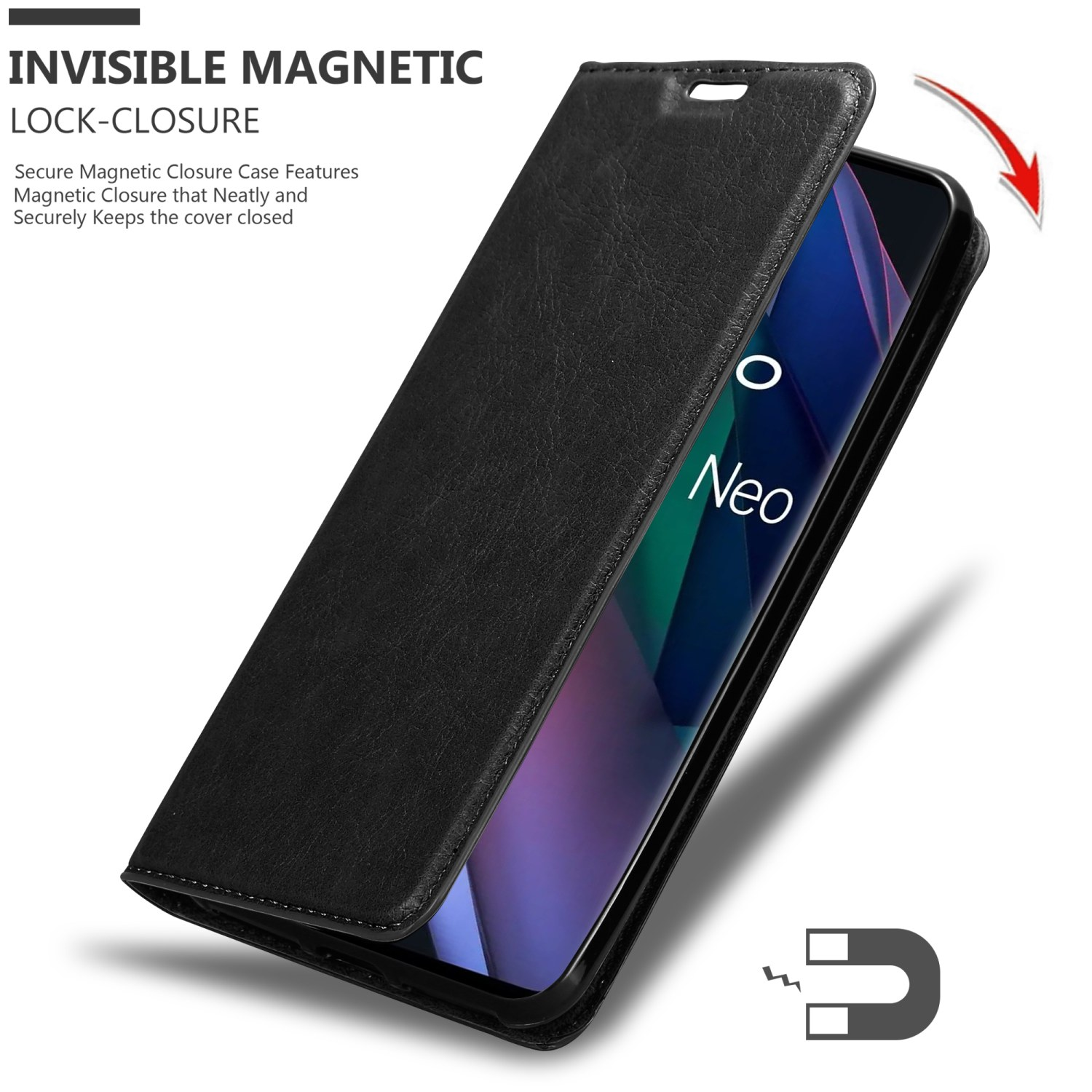 Custodia per telefono nera aperta, che mostra il telefono con la parola 'Neo'. Magnete mostrato. Sfondo bianco.