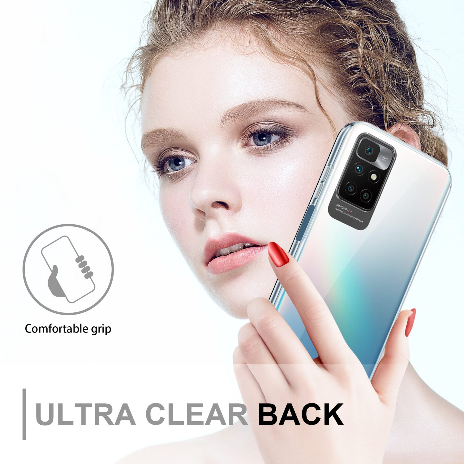 Donna che tiene un telefono in una custodia trasparente. Testo: Ultra Clear Back.