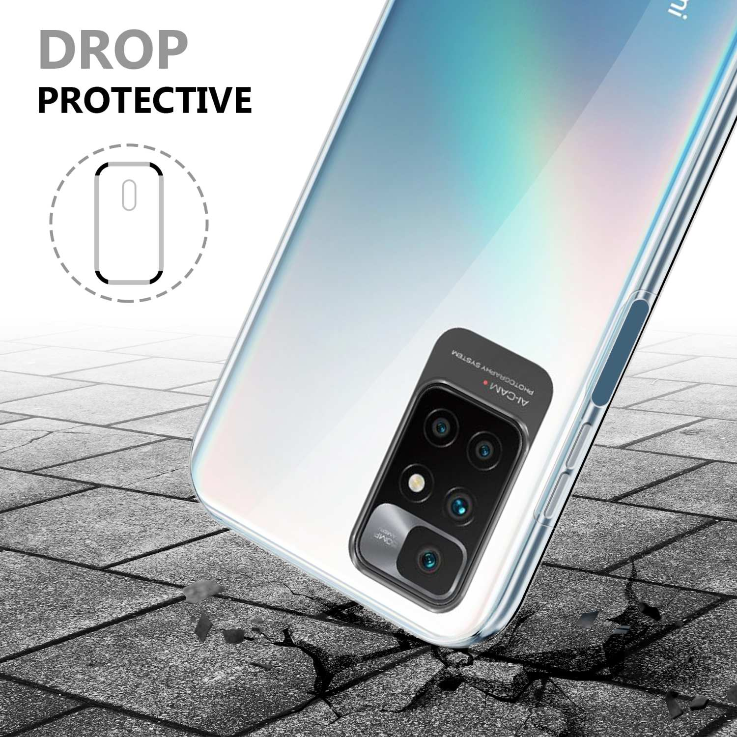 Una custodia trasparente per telefono, con la fotocamera del telefono visibile, su una superficie screpolata.