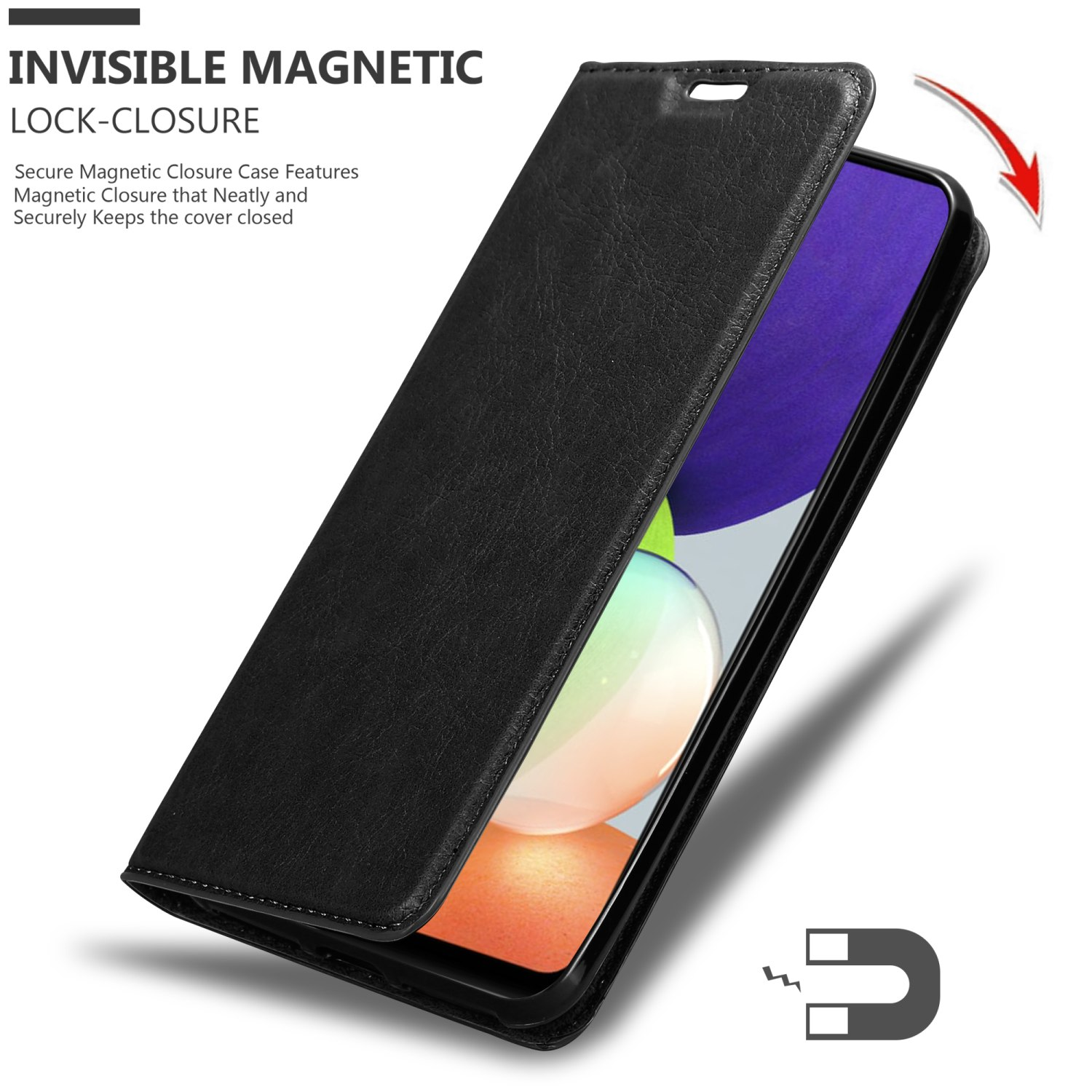 Una custodia nera con un telefono dentro. Il testo dice 'Invisible Magnetic Lock-Closure'.