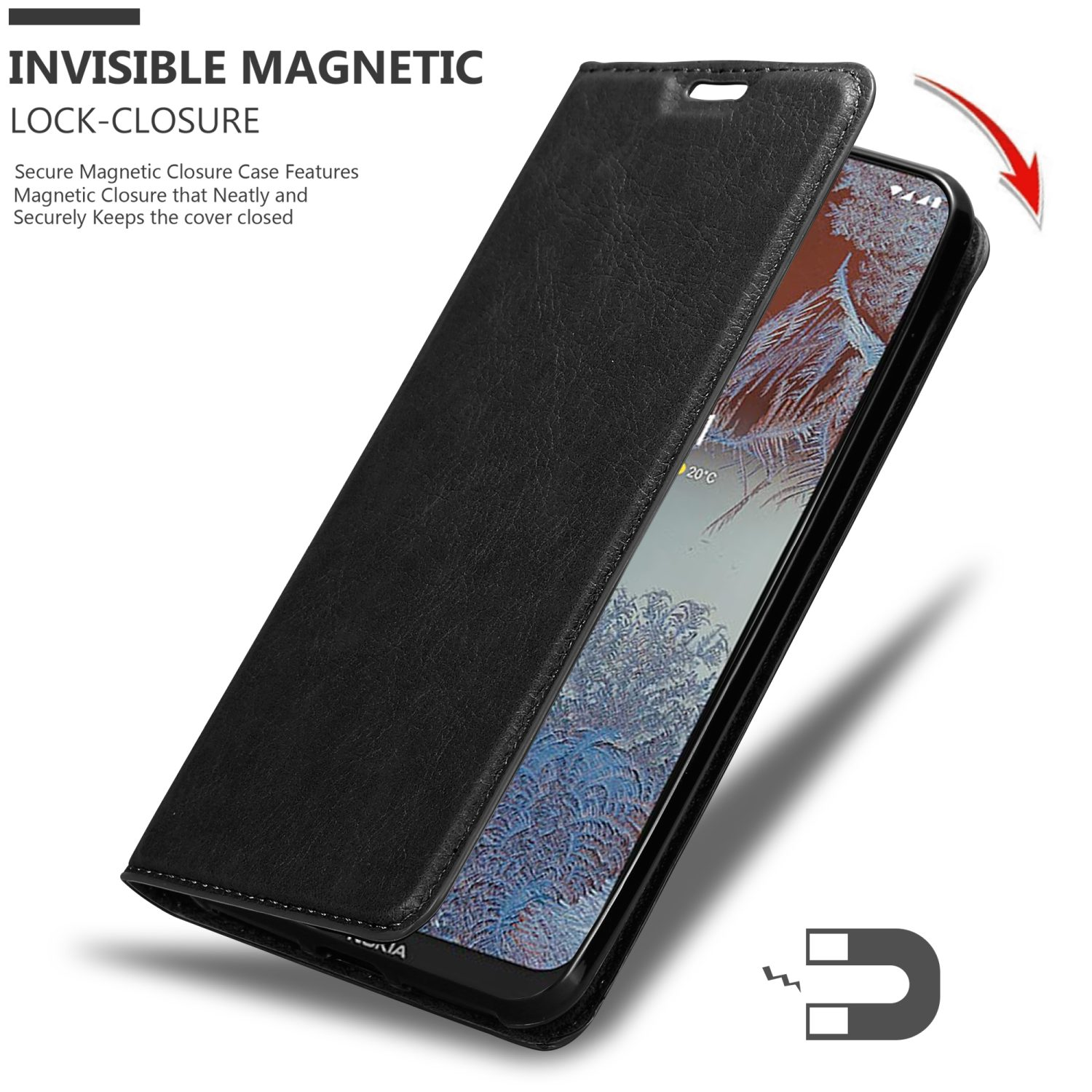 Custodia per telefono nera aperta con un telefono dentro. La custodia ha una chiusura magnetica.