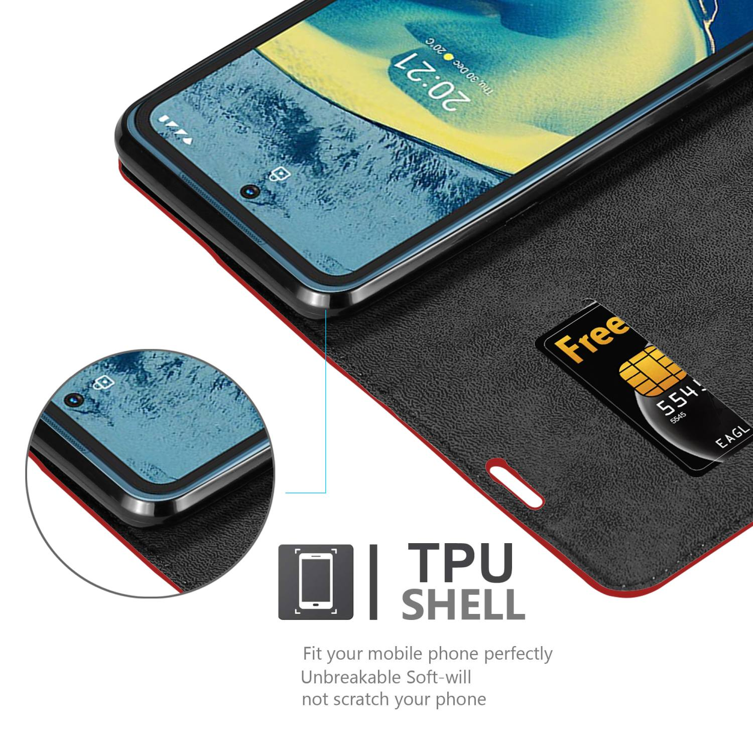 Telefono in custodia con ora sullo schermo. Testo: TPU SHELL, Vestibilità perfetta.
