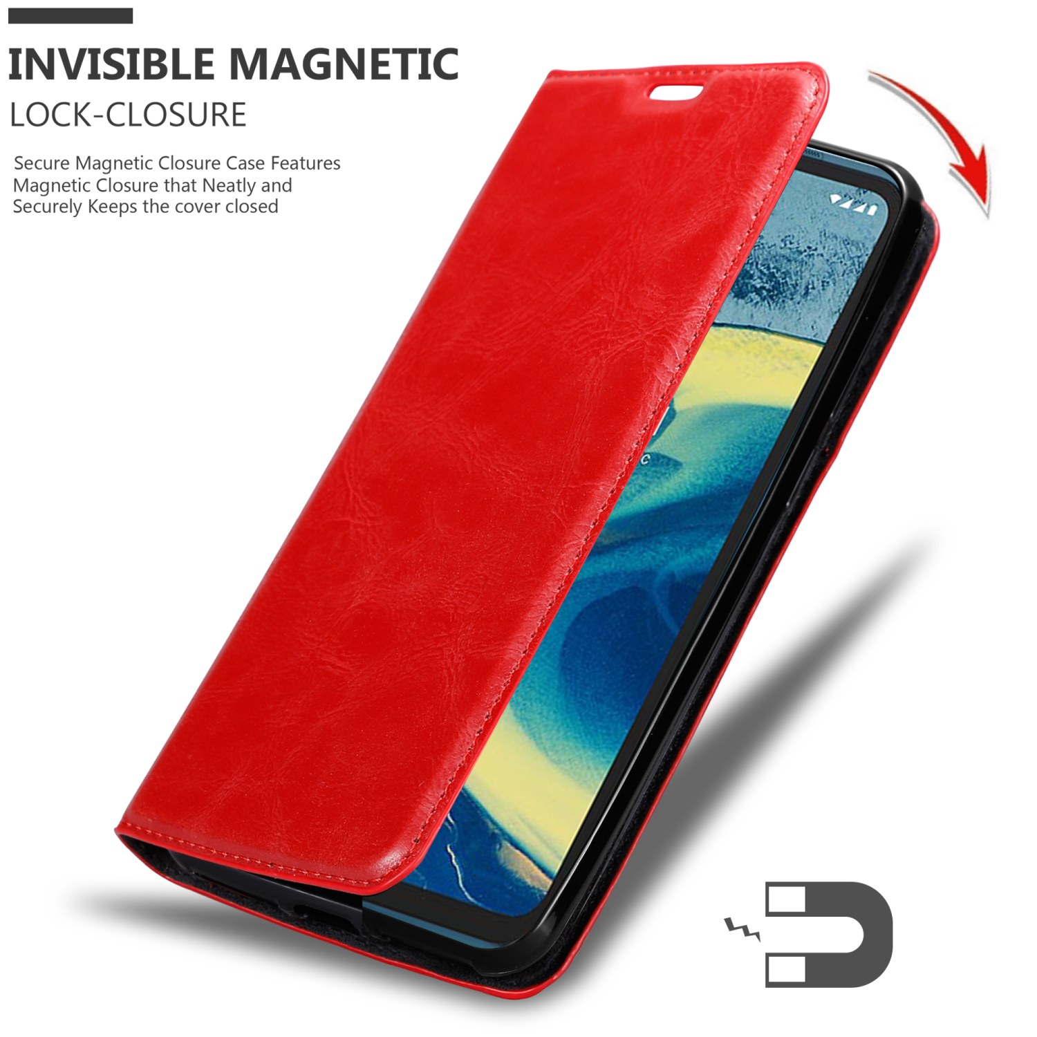 Custodia per telefono rossa aperta, che mostra lo schermo del telefono. Un simbolo magnete è visibile.
