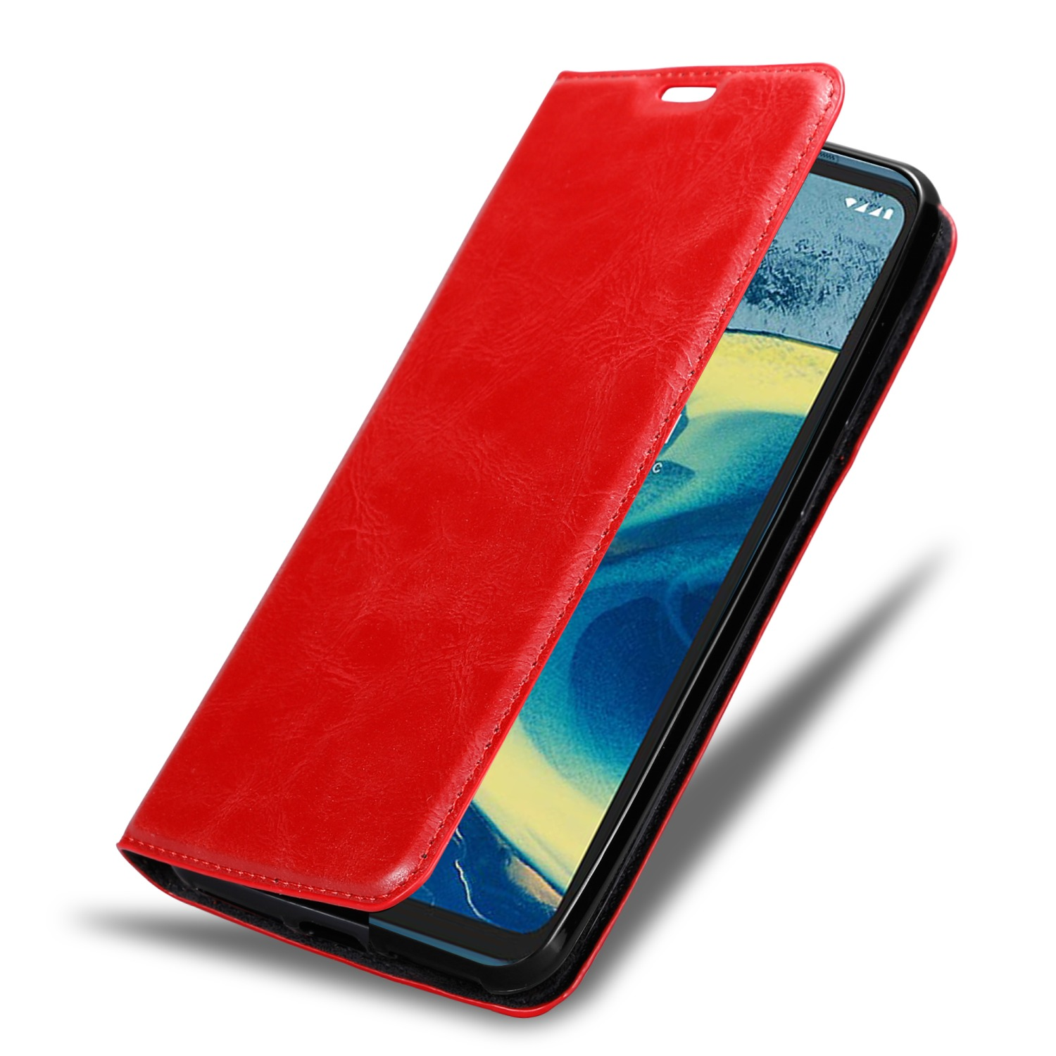 Custodia per telefono in pelle rossa, aperta che mostra il telefono all'interno. Sfondo bianco.