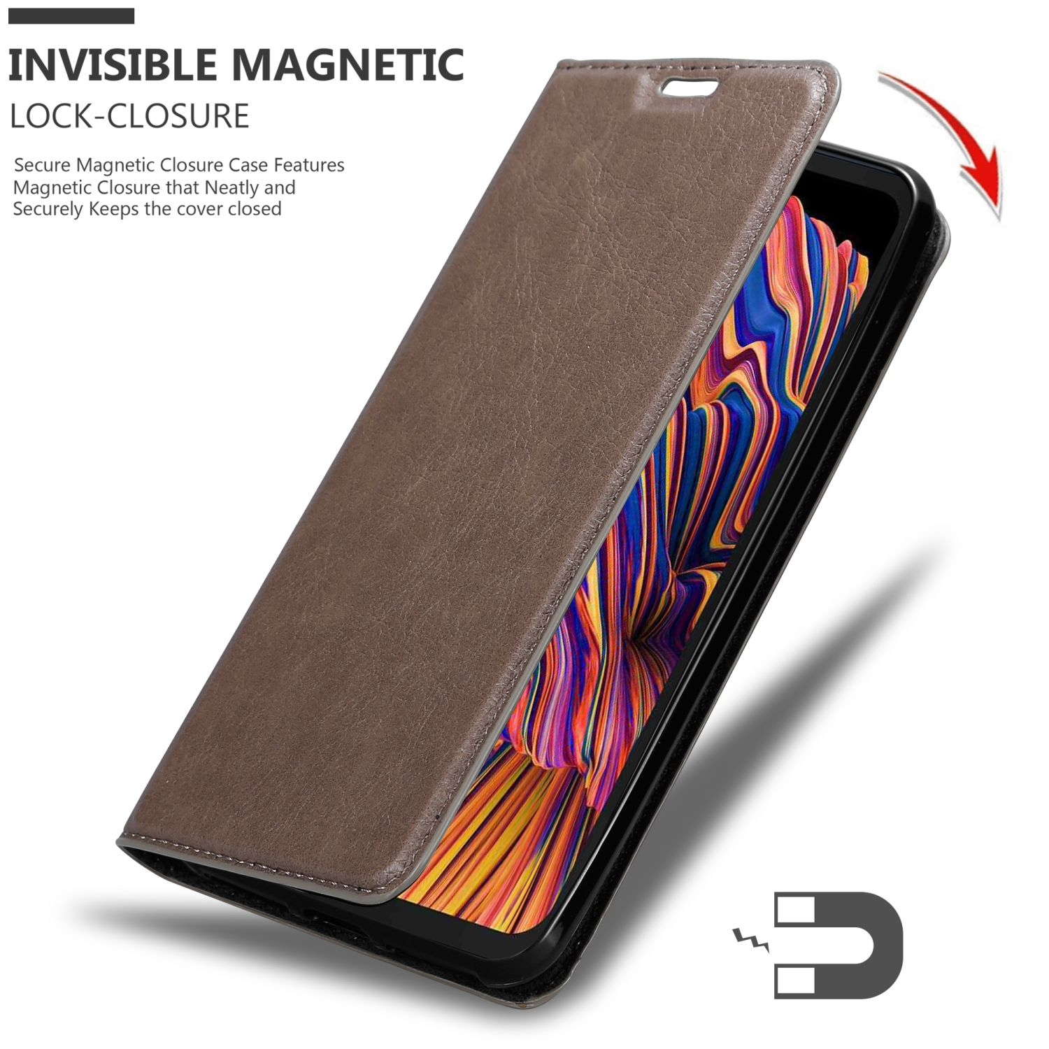 Custodia per telefono marrone aperta, con il telefono all'interno. Il testo è chiusura magnetica invisibile.