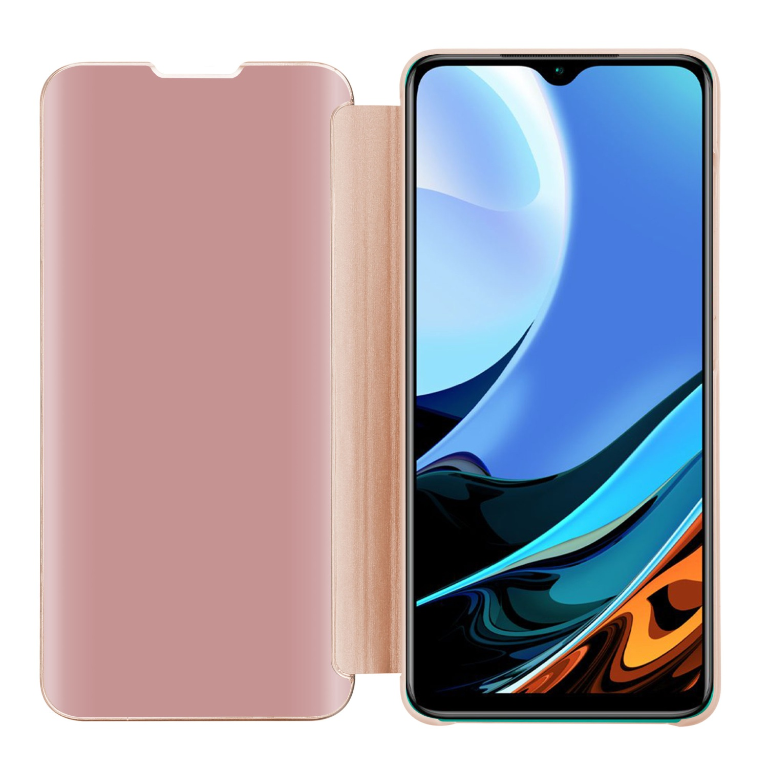 Custodia oro rosa aperta, rivelando un telefono. La custodia è stile portafoglio.