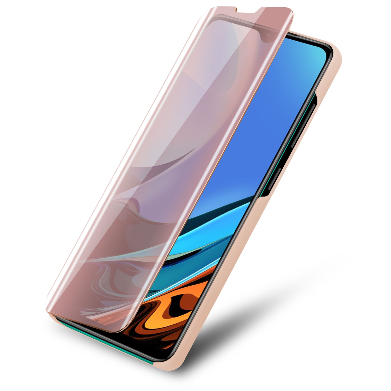 Un telefono con una protezione schermo in fase di applicazione. La protezione è trasparente e il telefono è dorato.
