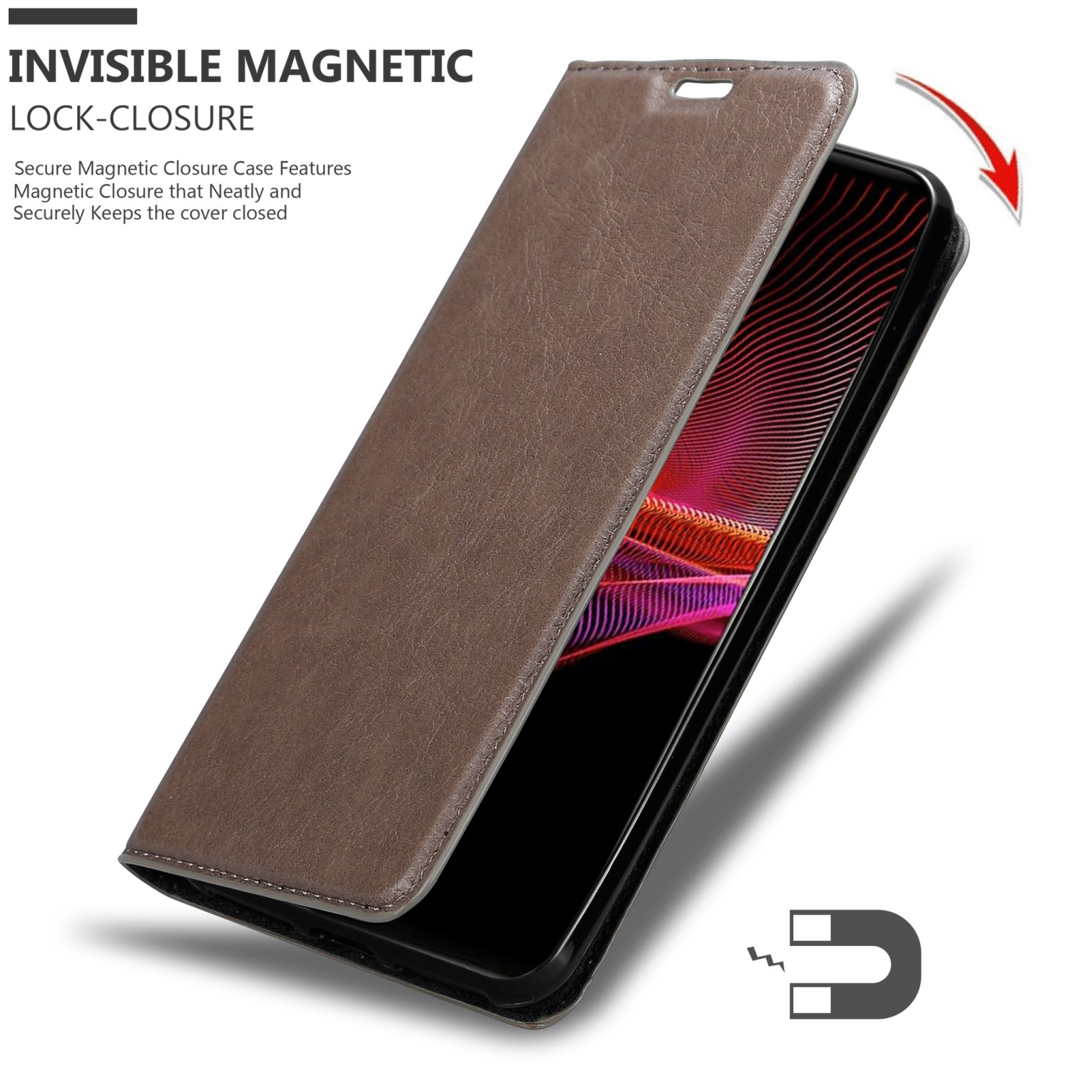 Eine braune Handyhülle öffnet sich und zeigt ein Handy. Ein Magnet-Symbol ist daneben.