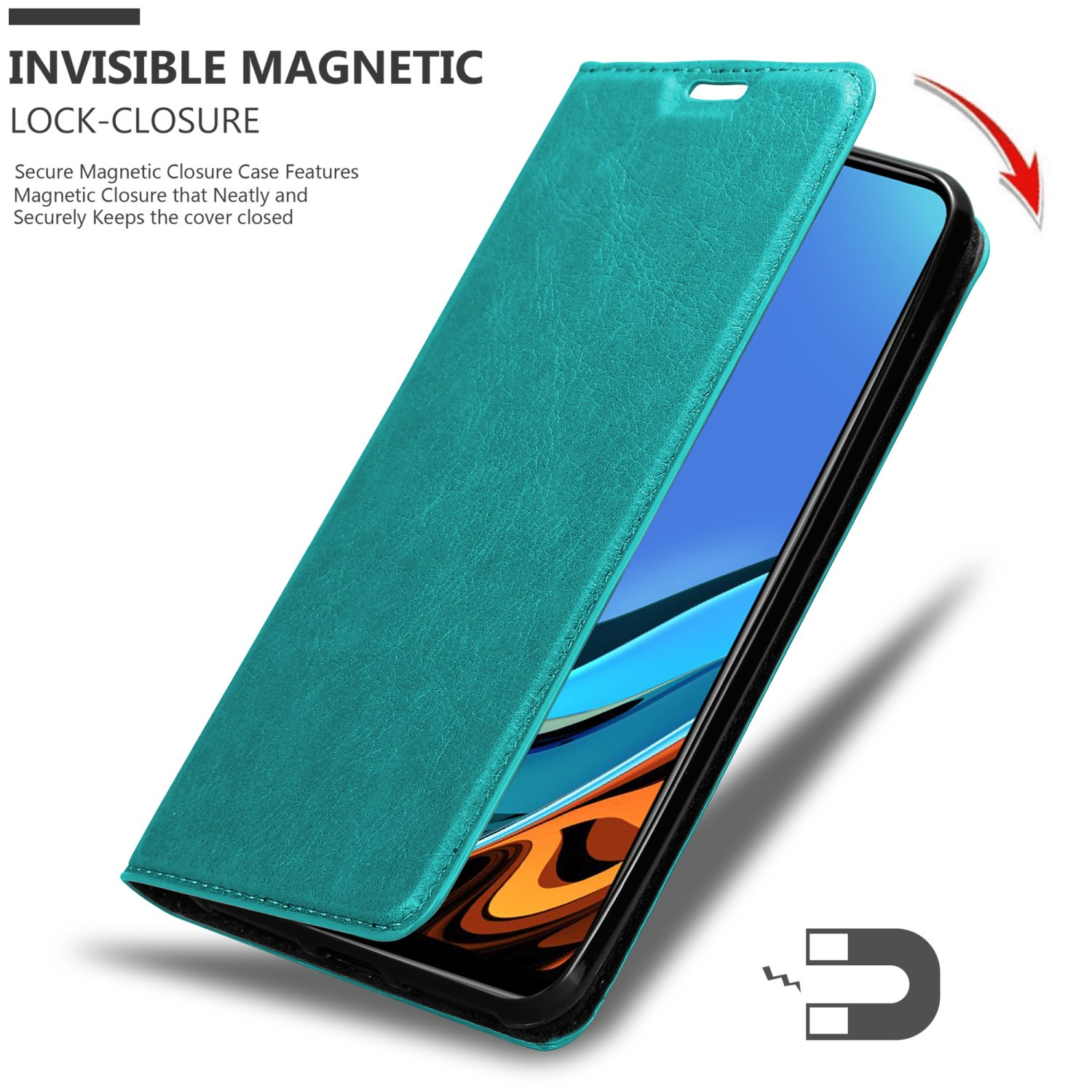 Custodia per telefono verde acqua aperta con un telefono all'interno. Ha una chiusura magnetica. Viene mostrato un magnete.
