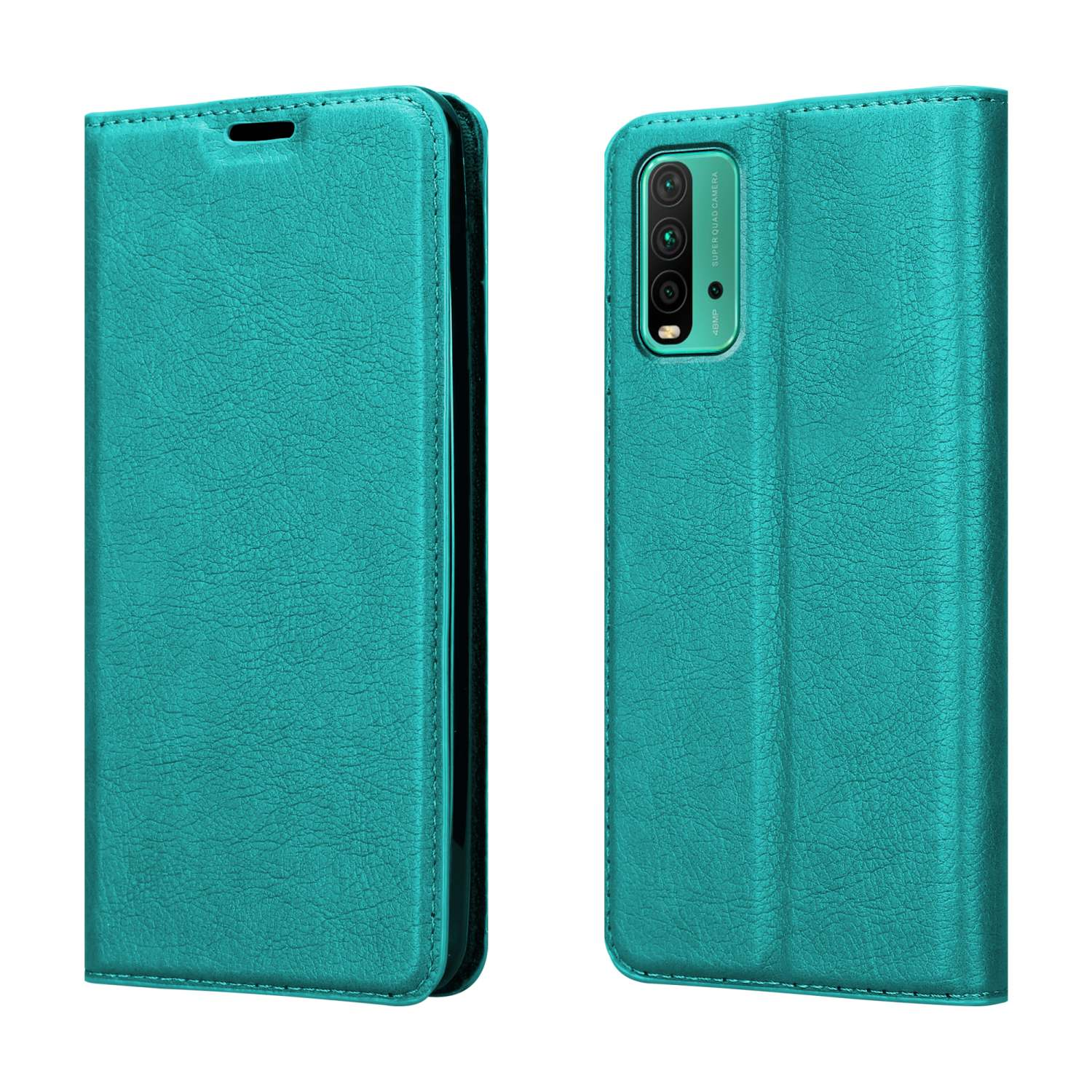 Custodia per telefono in pelle verde acqua, chiusa. Mostra la fotocamera di un telefono. Due parti della custodia visibili.