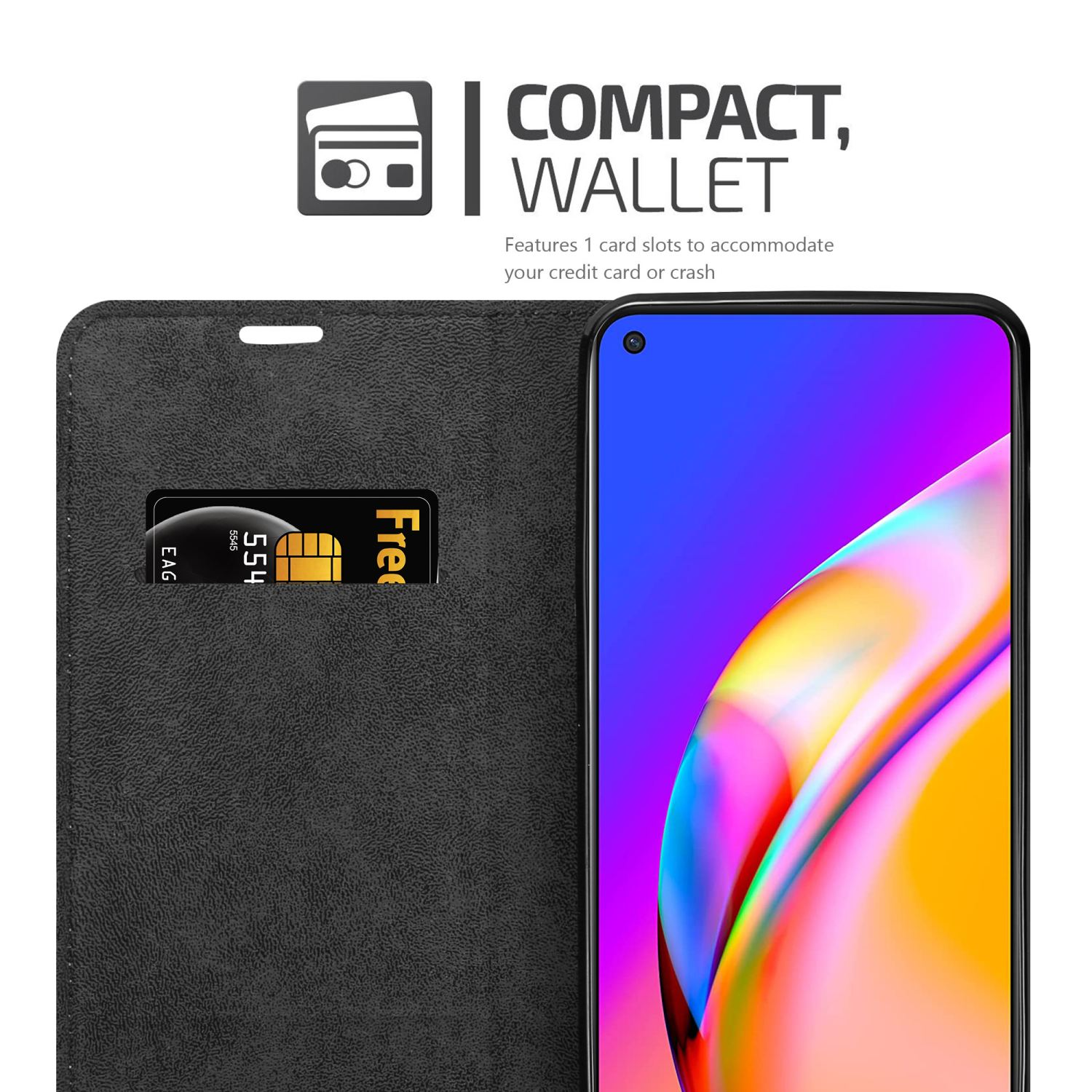 Custodia per telefono nera con slot per carte, con una carta. Il telefono è visibile. Il testo dice 'COMPACT WALLET'. Sfondo nero.