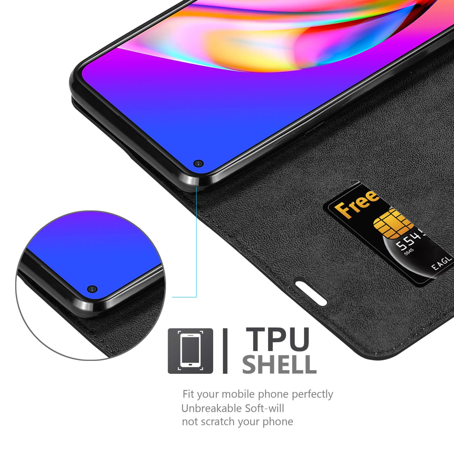 Una custodia per telefono nera con un telefono all'interno, con una scheda gratuita a destra e testo: Guscio in TPU.