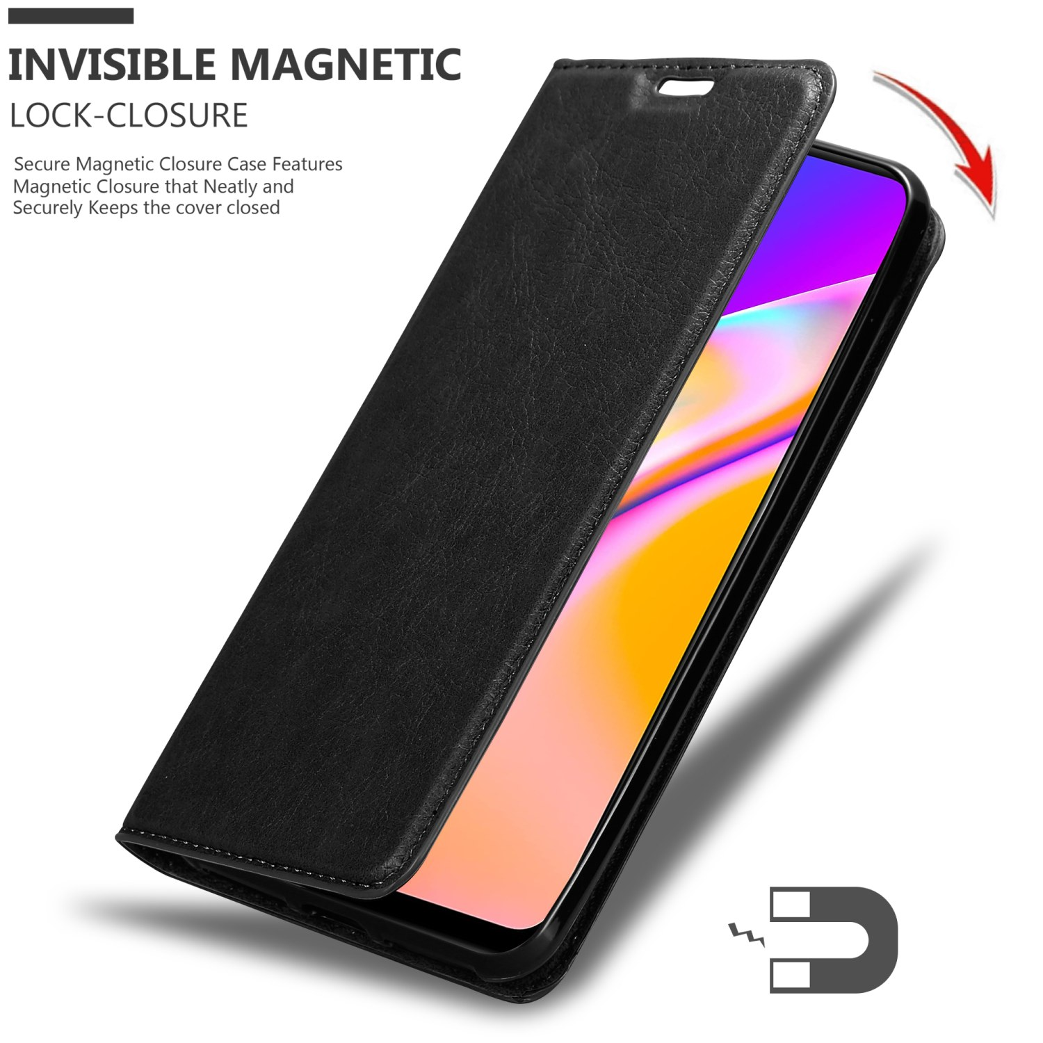 Custodia nera per telefono con chiusura magnetica, aperta per rivelare lo schermo.