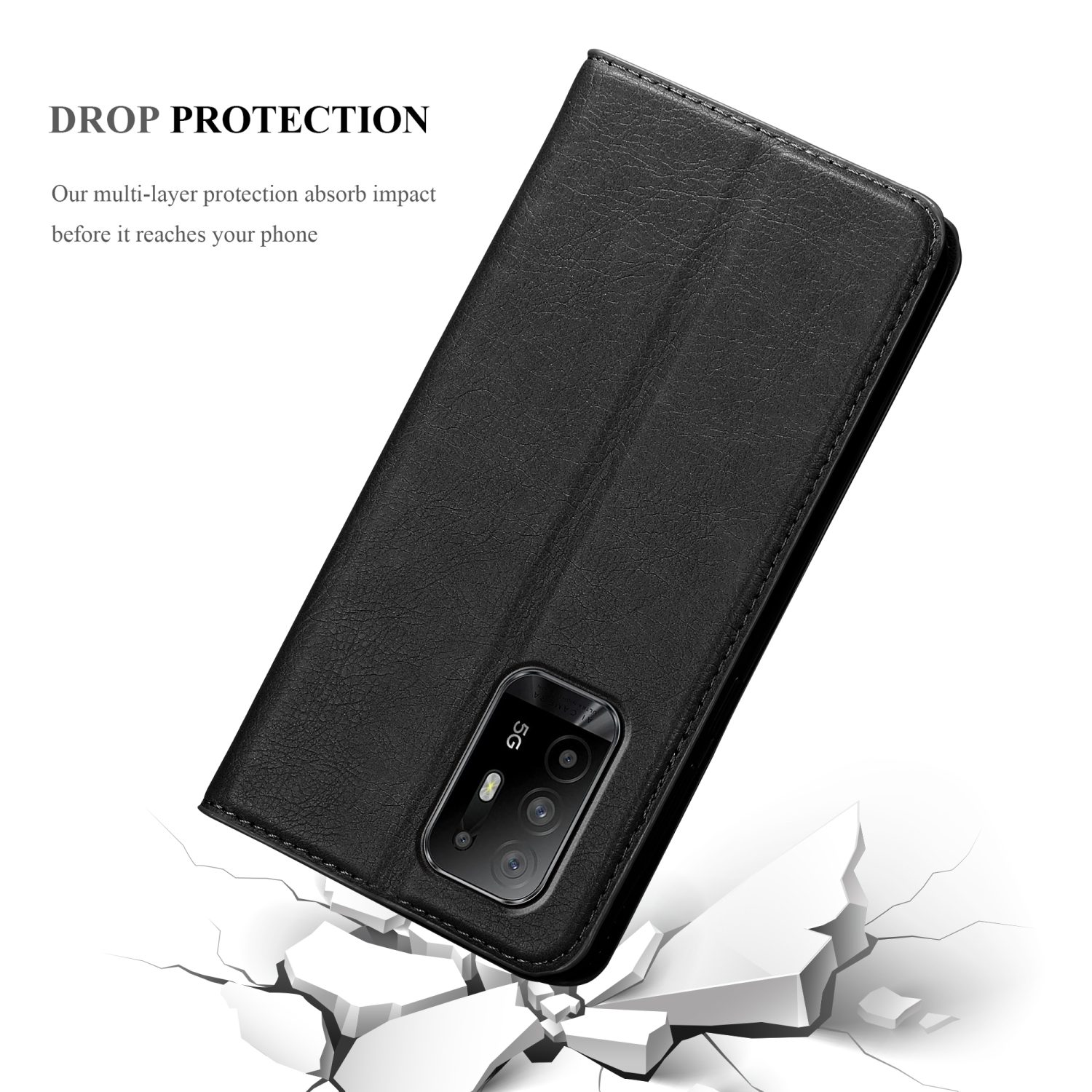 Custodia per telefono nera, chiusa. Il terreno si spacca sotto. Il testo dice 'DROP PROTECTION'.