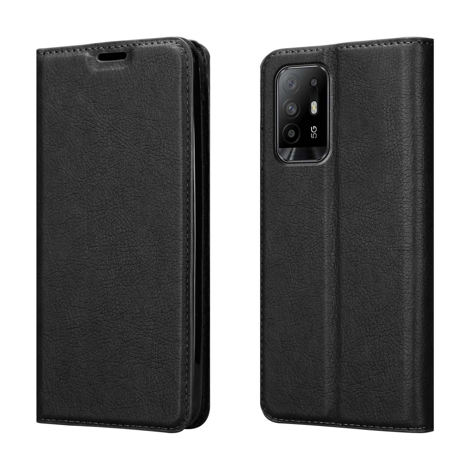 Custodia nera per telefono in posizione aperta e chiusa. Mostra la trama e il design della custodia.