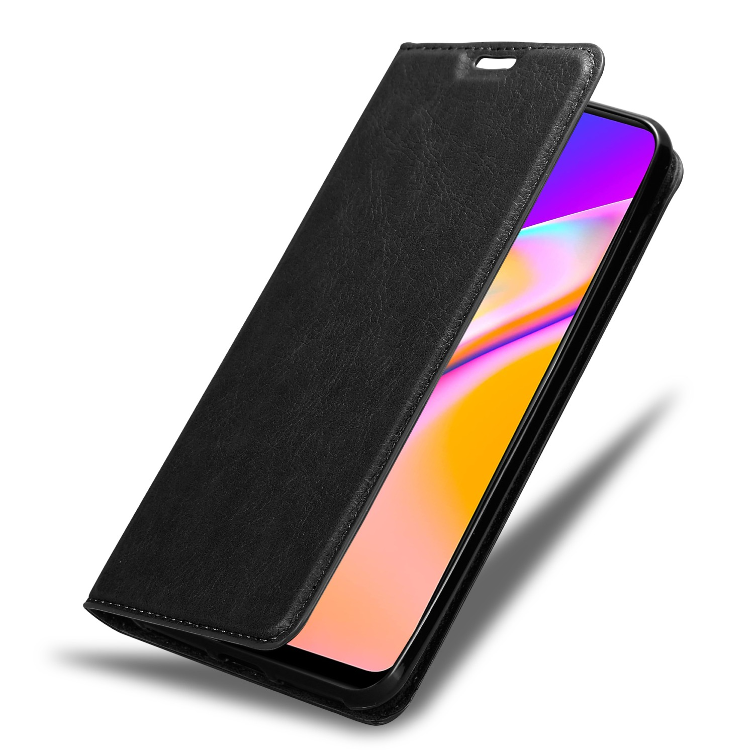 Custodia per telefono nera con telefono all'interno, lo schermo mostra un'immagine colorata.