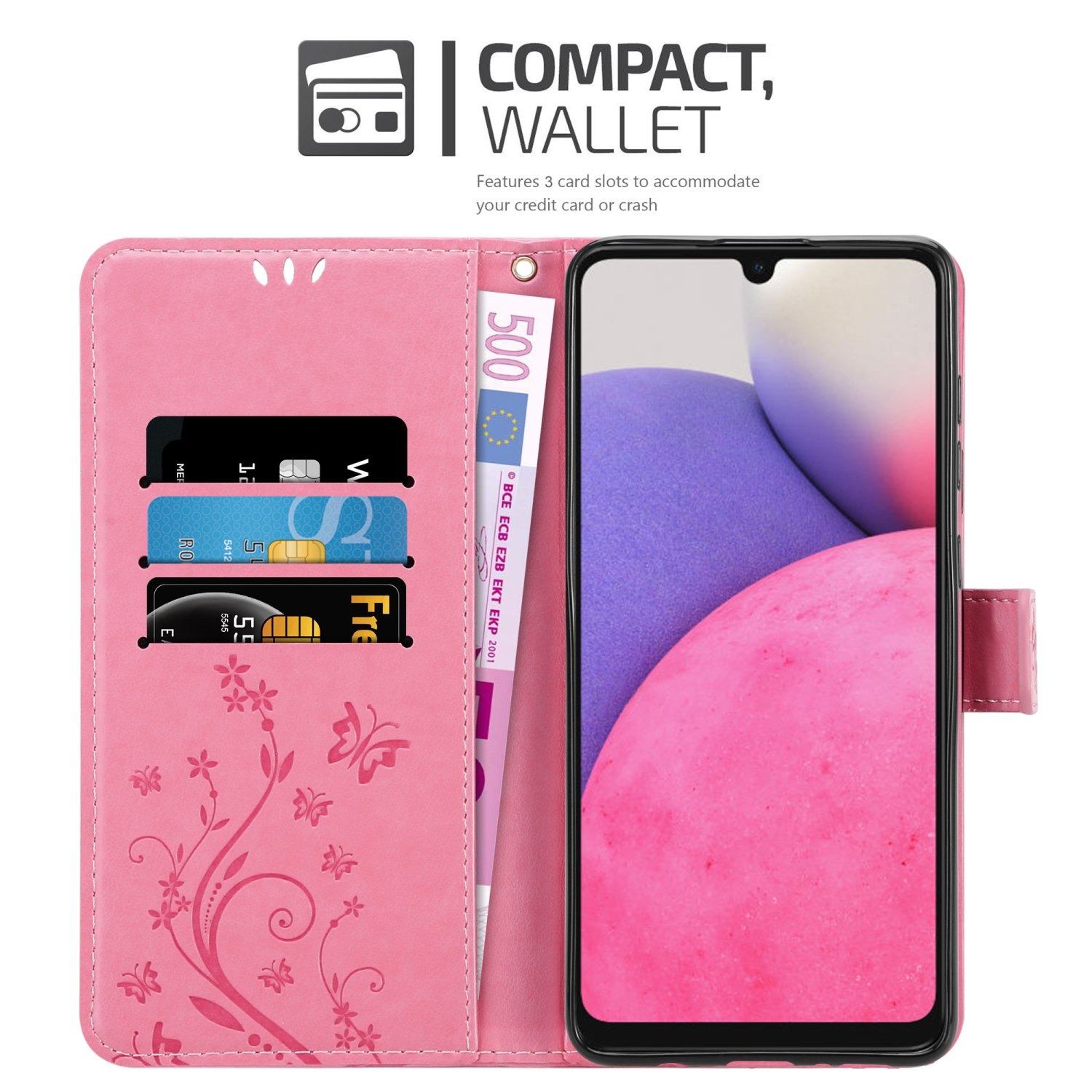 Custodia rosa per telefono, aperta. Mostra telefono, carte e denaro.