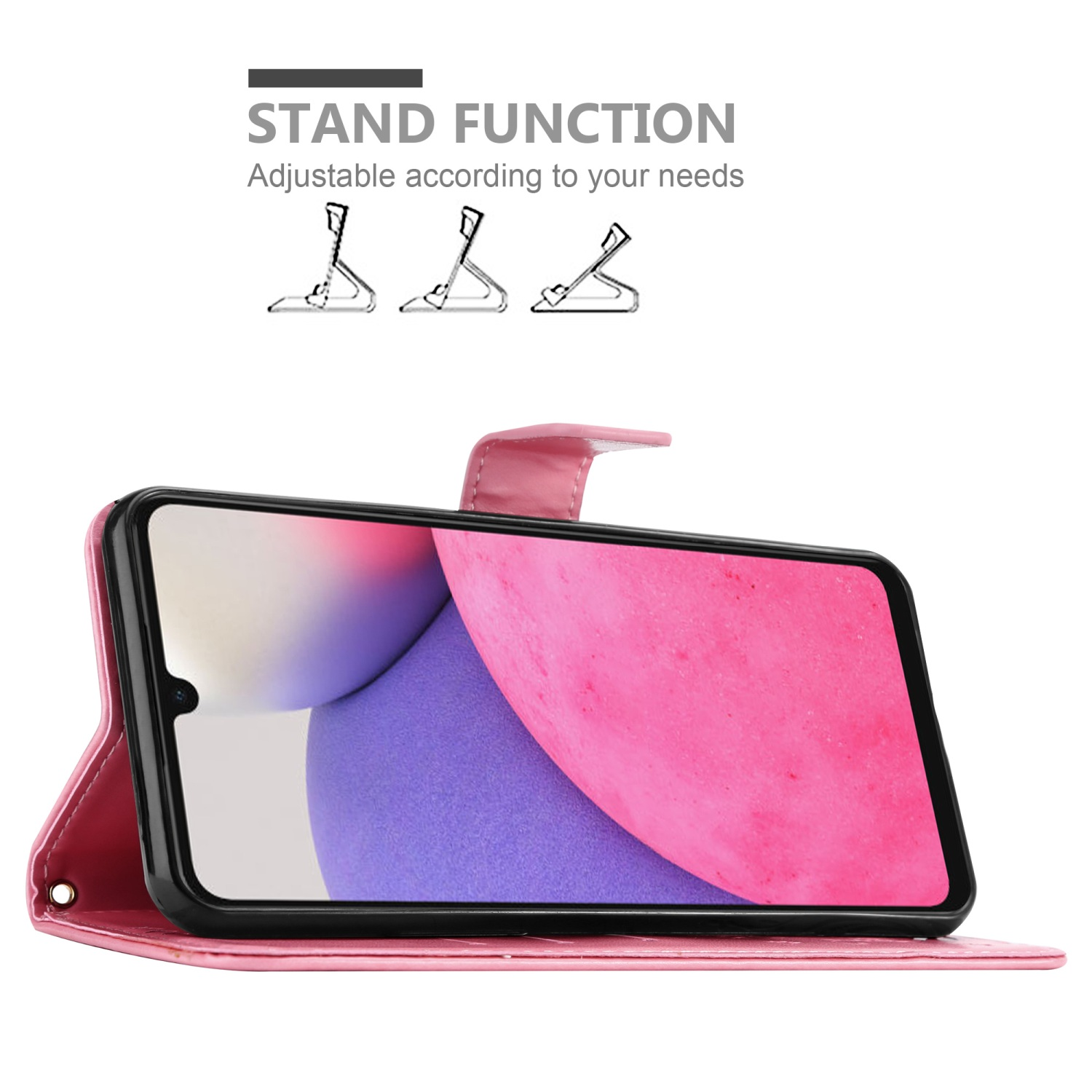 Telefono in custodia rosa, aperto, che mostra lo schermo. Testo e icone della funzione stand sullo sfondo.