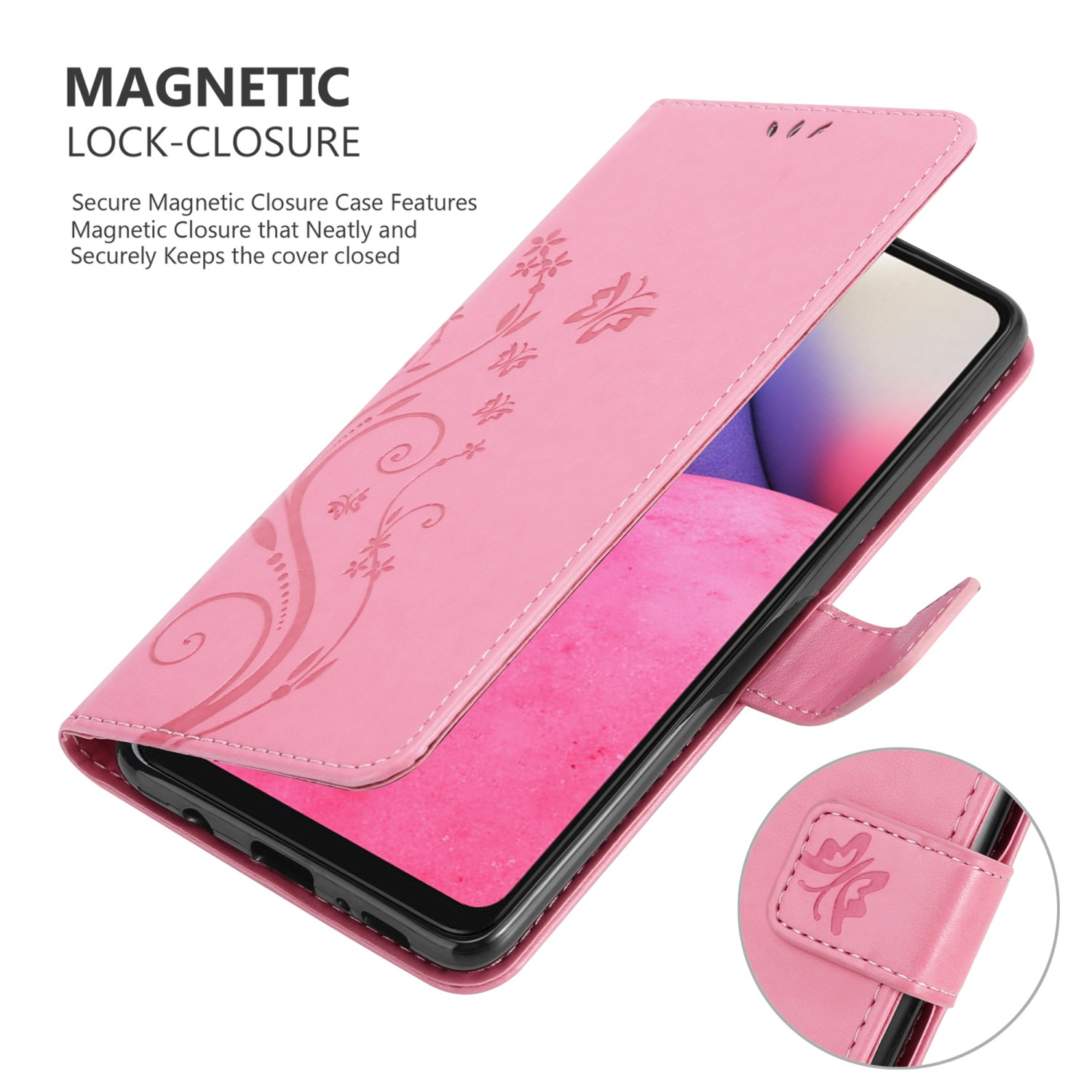 Custodia per telefono rosa con design floreale, parzialmente aperta, che mostra lo schermo del telefono.