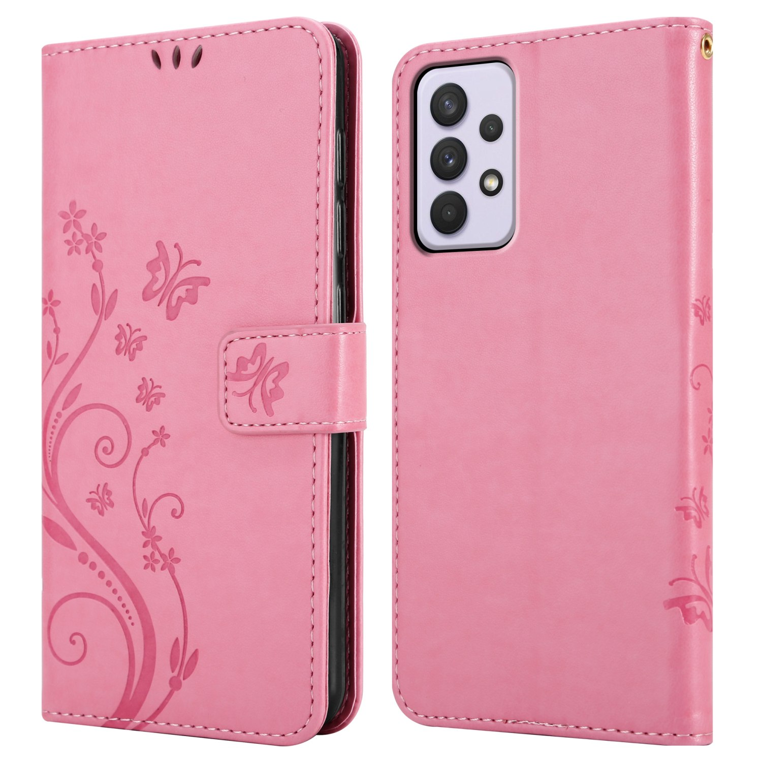 Custodia per telefono rosa, aperta e chiusa, con design floreale e chiusura.