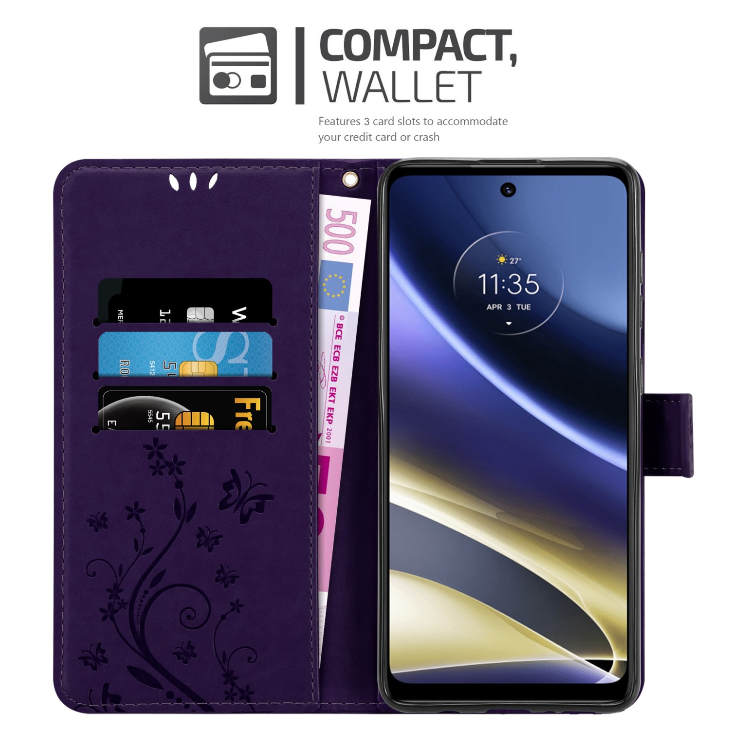 Custodia viola aperta, che mostra telefono con carte e denaro, su sfondo bianco.