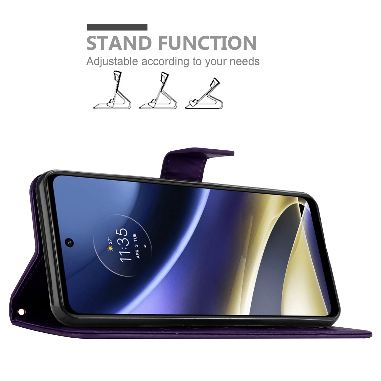 Custodia per telefono viola con telefono, aperto. Testo e icone funzione supporto visibili.