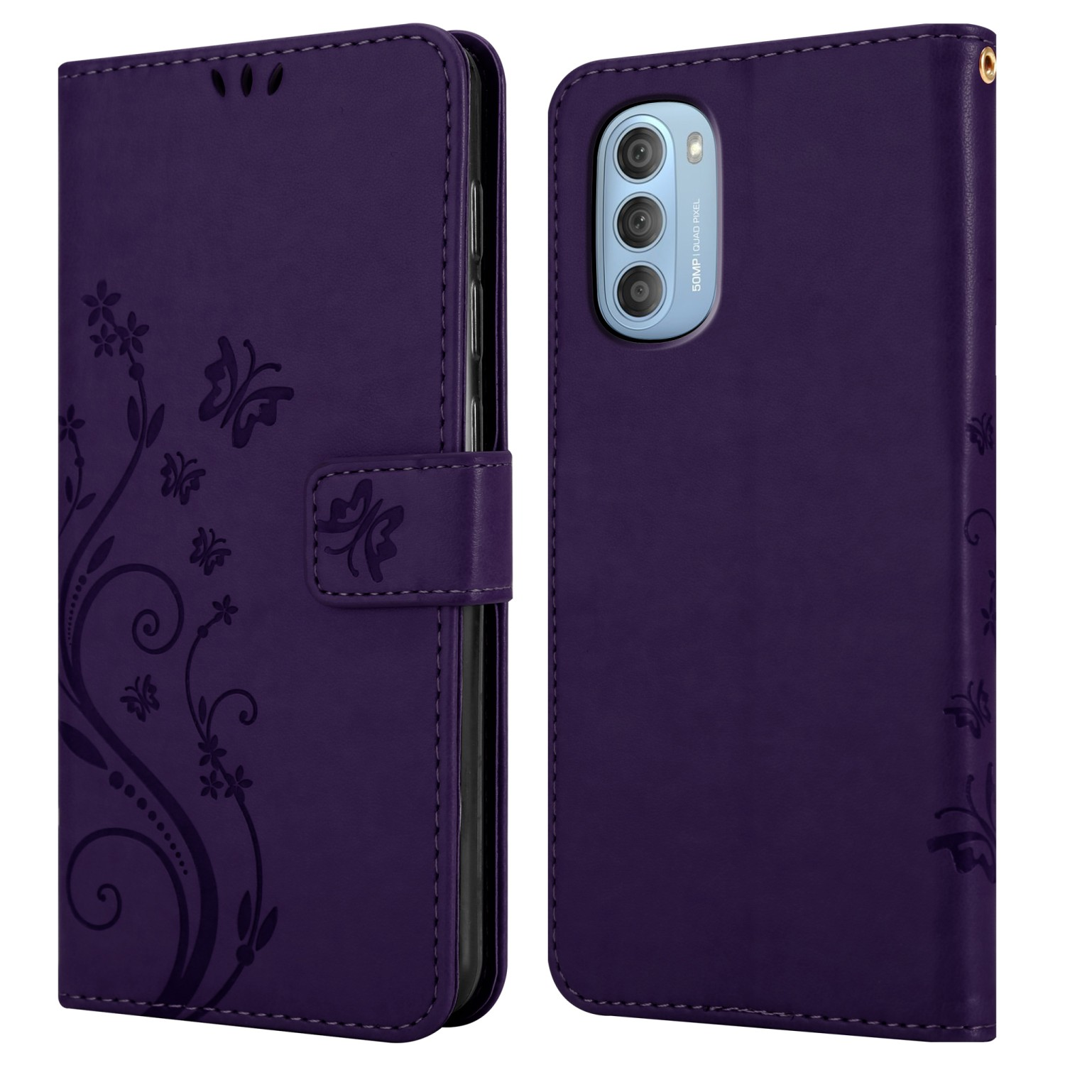 Una custodia per telefono viola con un design floreale, chiusa e aperta.